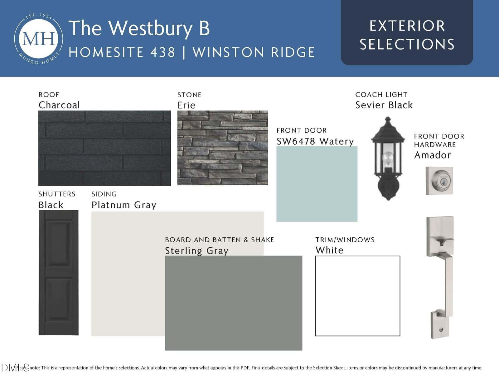A design board labeled "The Westbury B, Homesite 438, Winston Ridge" displays exterior selections: charcoal roof, Erie stone, Sevier black coach light, SW6478 Watery front door, platinum gray siding, sterling gray board and batten, and white trim.