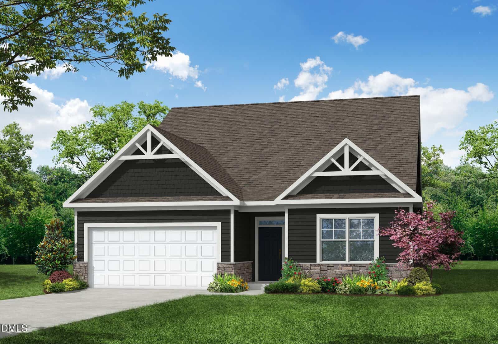 A modern single-story house at 220 Sawtooth Oak Lane, Youngsville, featuring dark siding, white trim, a large front window, and a double garage. The green lawn has shrubs, flowers, and small trees under a bright blue sky with scattered clouds.