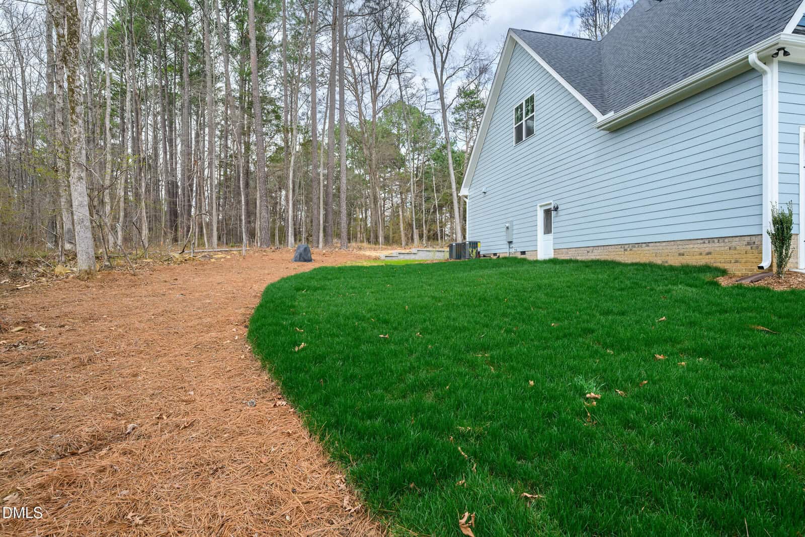 Side view of a light blue house with a gray roof, surrounded by a green lawn and pine straw mulch, next to a wooded area with tall trees under a partly cloudy sky.