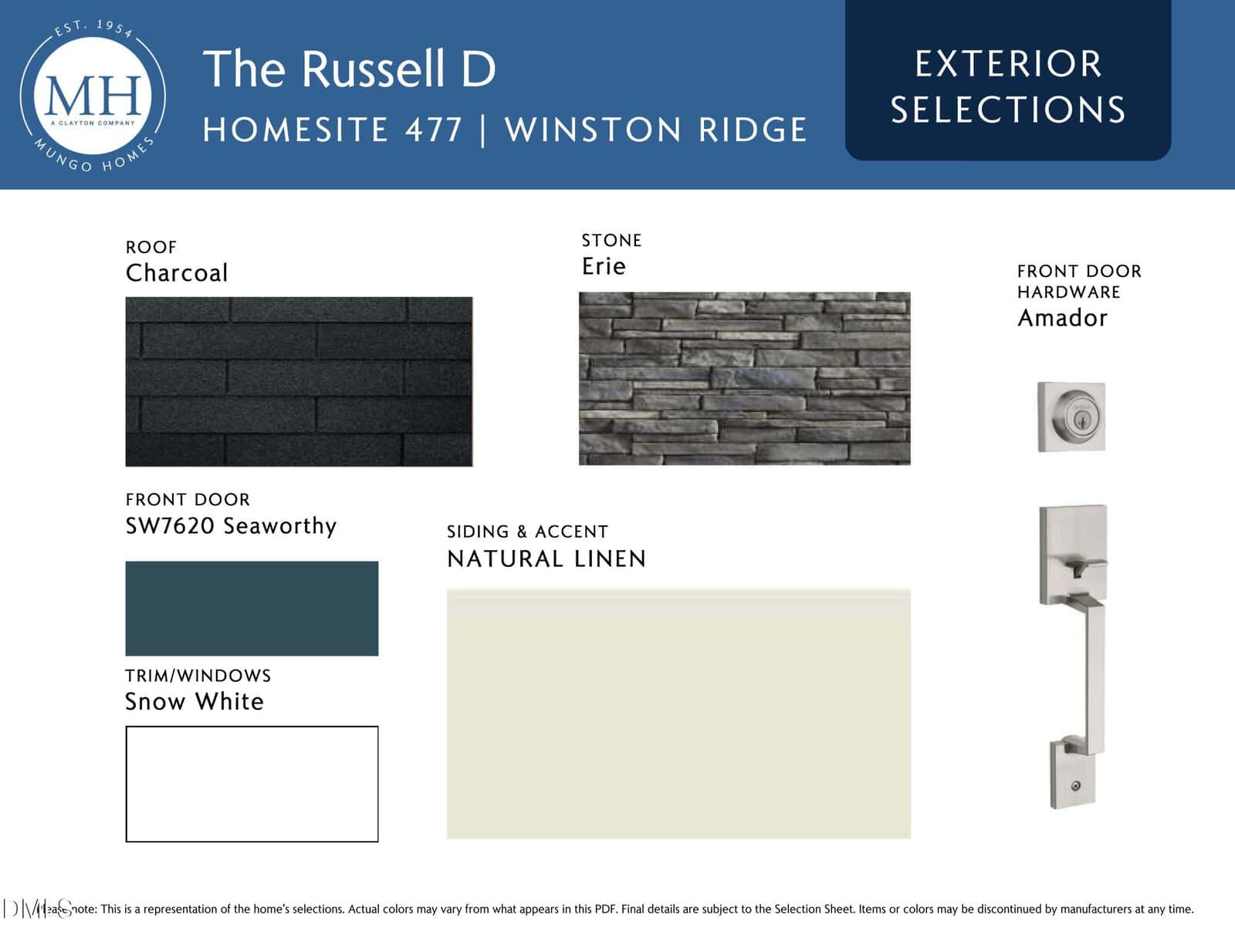 Exterior selections board for The Russell D home, featuring charcoal roof, Erie stone, Amador door hardware, SW7620 Seaworthy blue door, Snow White trim/windows, and Natural Linen siding and accent.