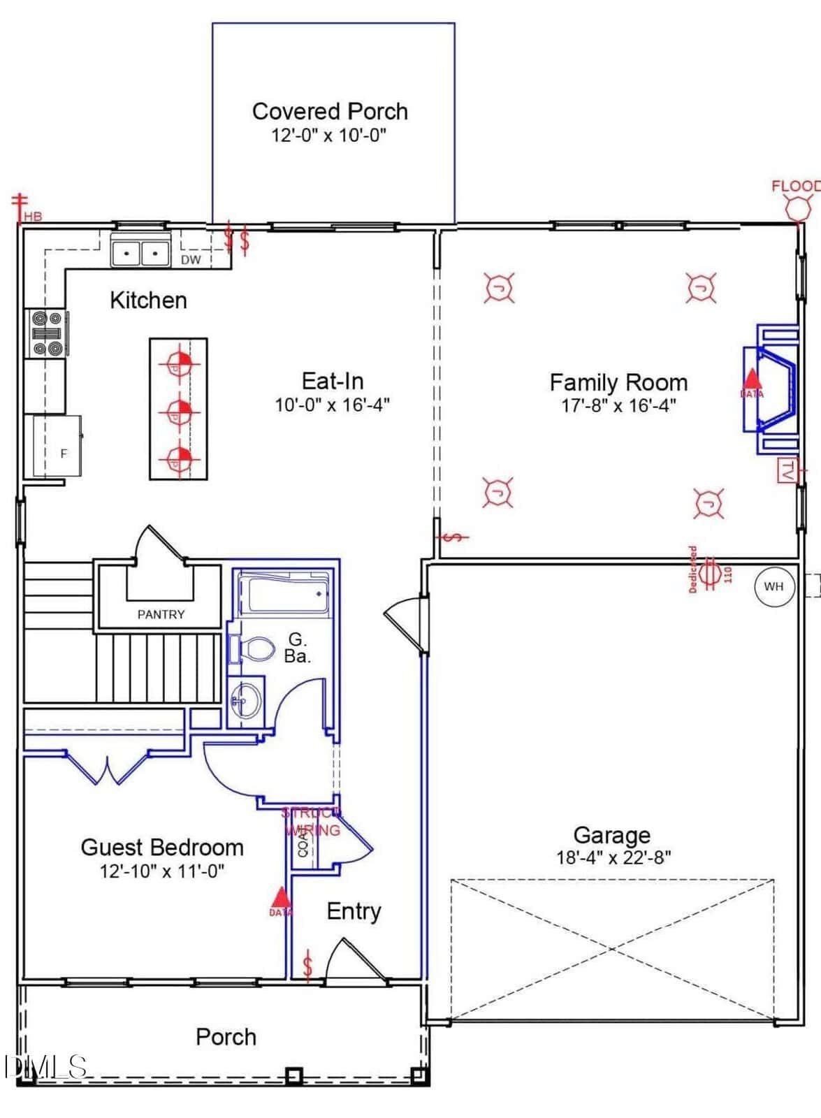 Floor plan of a house showing a kitchen, eat-in area, family room, guest bedroom, bathroom, pantry, garage, entry, front porch, and covered back porch, with doors, windows, and appliances marked.