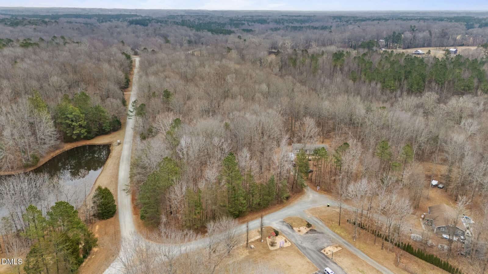 Aerial view of a rural landscape with a winding road, a pond on the left, leafless trees, scattered houses, and driveways surrounded by forested and open areas.