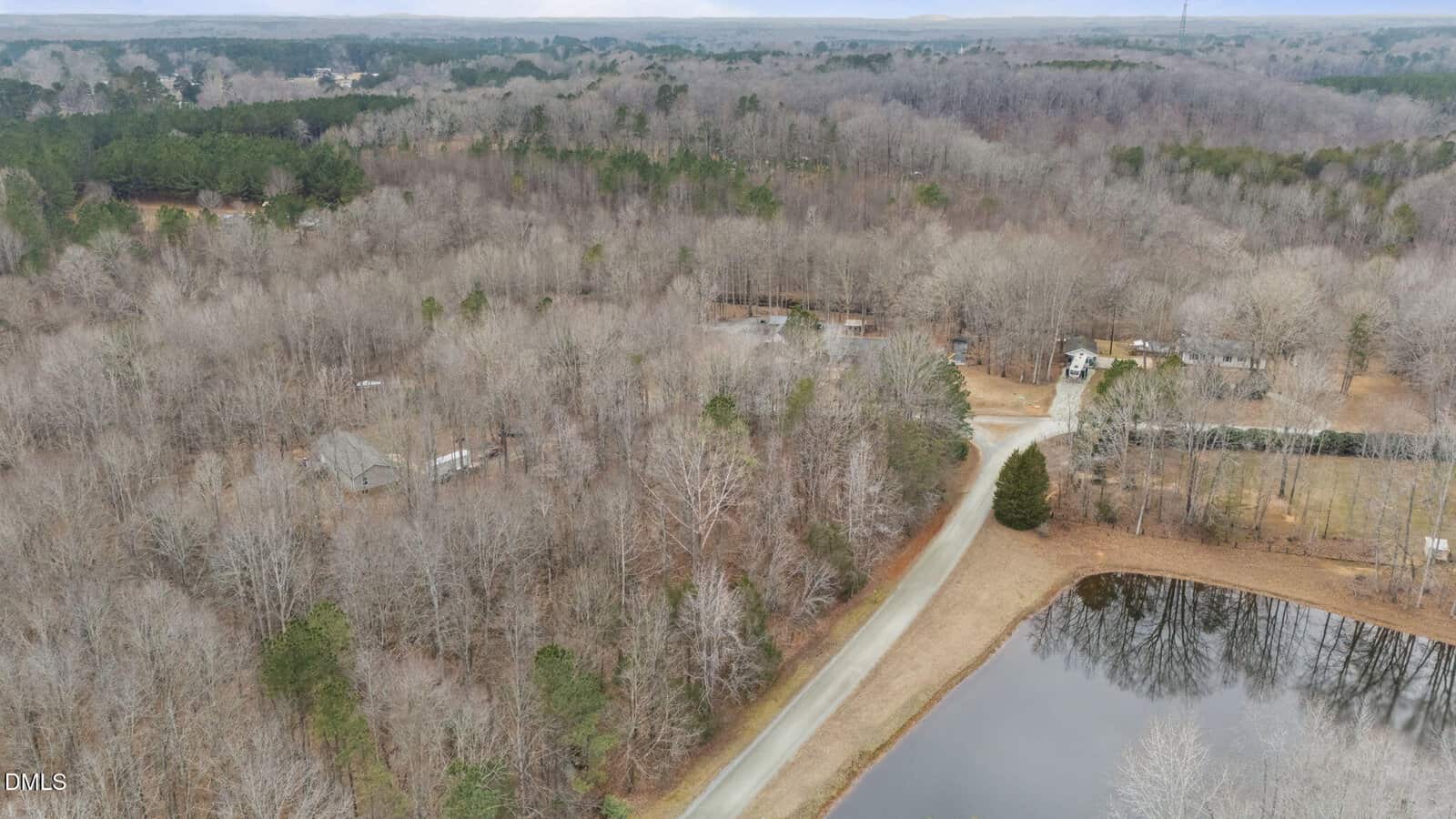 Aerial view of a rural landscape with a pond, dirt road, scattered houses, and leafless trees in early spring or late winter. Dense forest surrounds the area, and the sky is overcast.