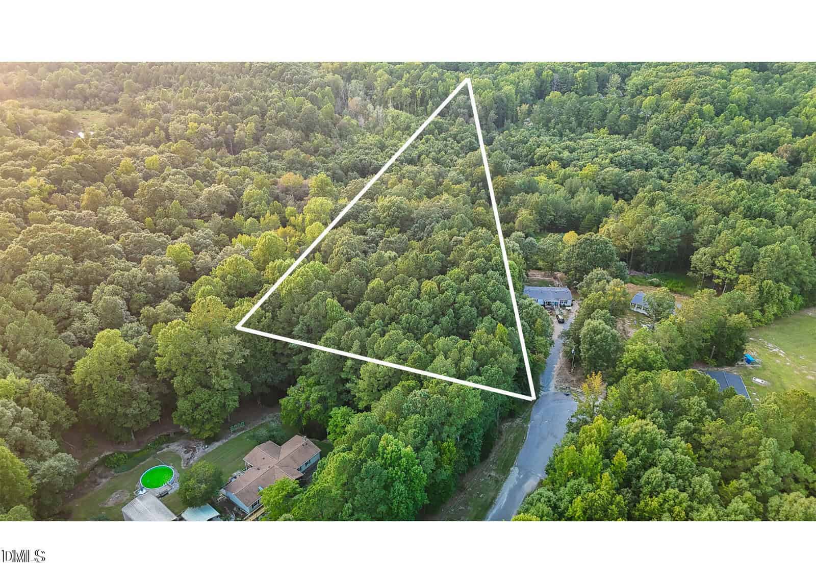 Aerial view of a densely wooded, triangular plot of land outlined in white, surrounded by trees, houses, a small road, and a backyard with a round green pool.