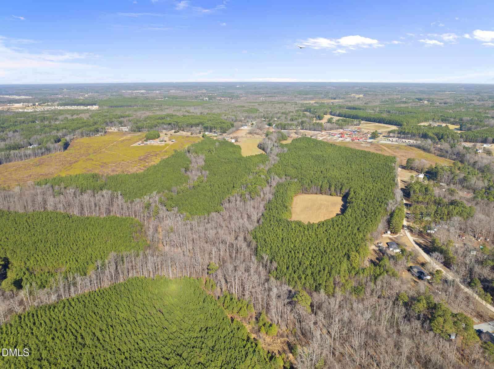 Aerial view of a rural landscape featuring dense green forests, open fields, scattered homes, and winding roads under a clear blue sky.