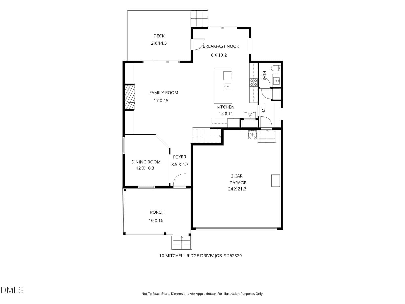 Black and white floor plan showing a porch, foyer, dining room, family room, deck, breakfast nook, kitchen, pantry, hall, powder room, and a two-car garage. Room dimensions are labeled throughout.