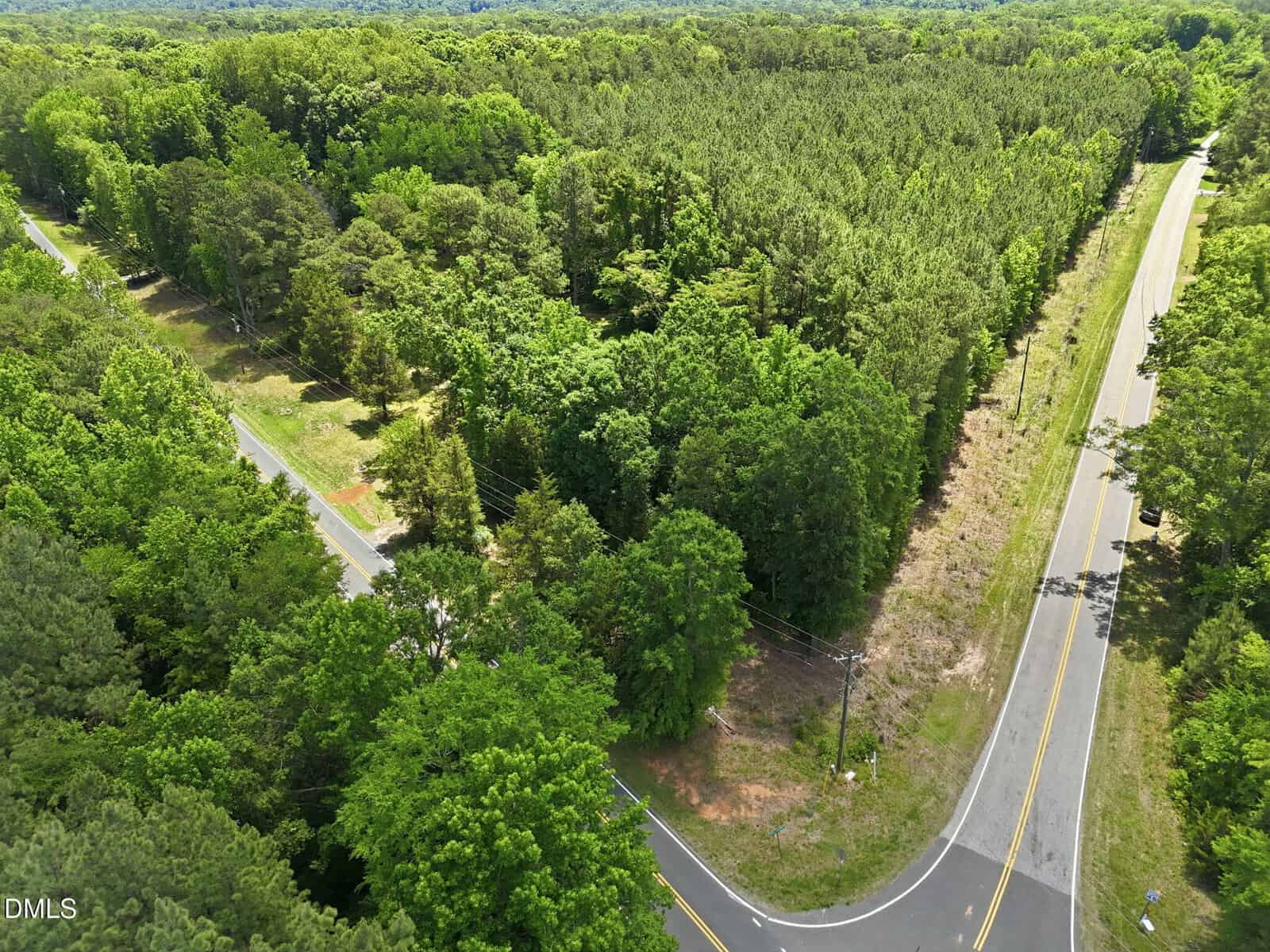Aerial view of a fork in paved road surrounded by dense green forest and tall trees on a sunny day. The roads, including Henderson and 0 Thomas Road, curve apart, creating a triangular patch of wooded land between them.