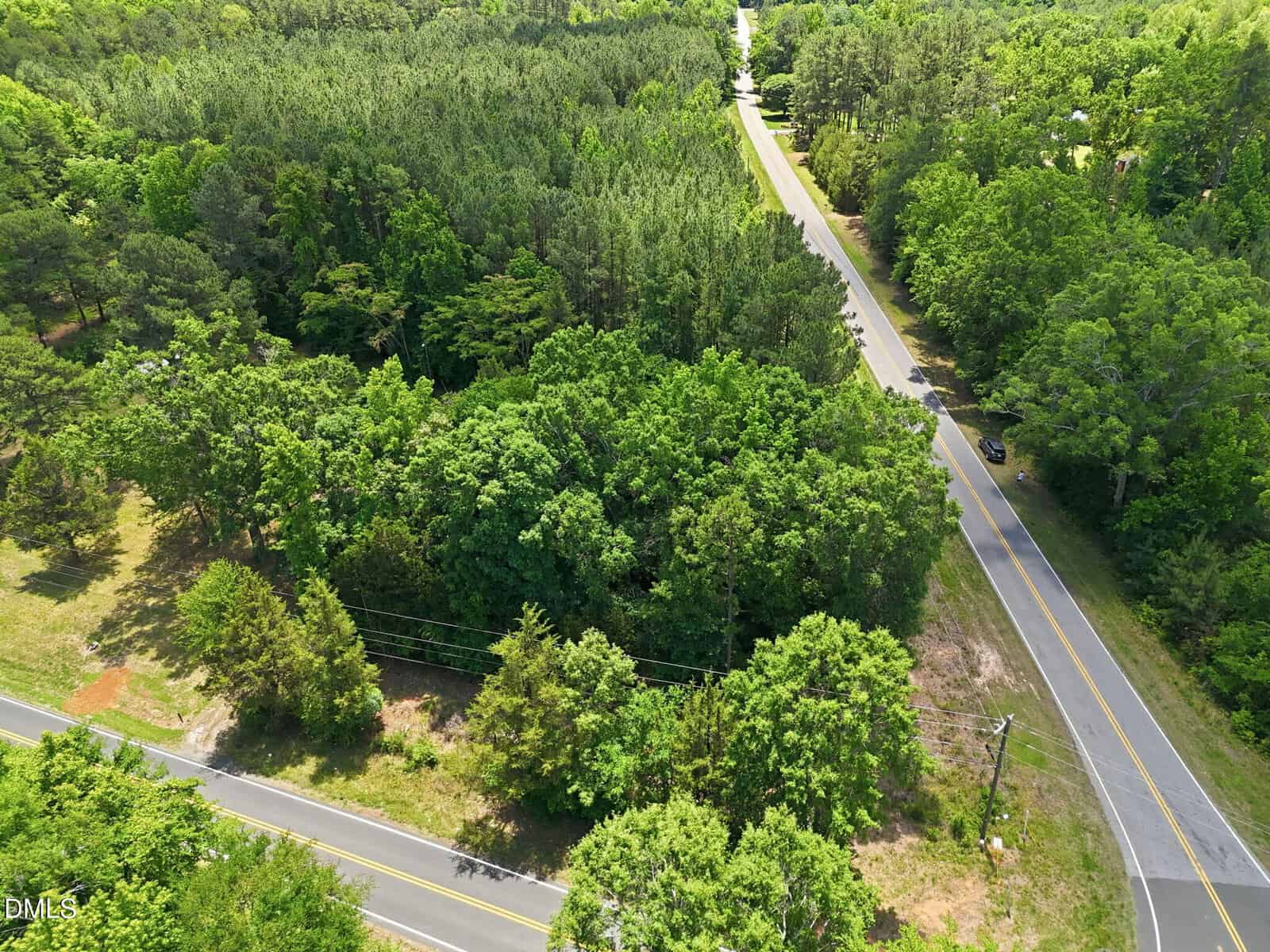 Aerial view of a lush, green wooded area bordered by two intersecting roads, with dense trees and power lines running alongside the roadways on a sunny day.