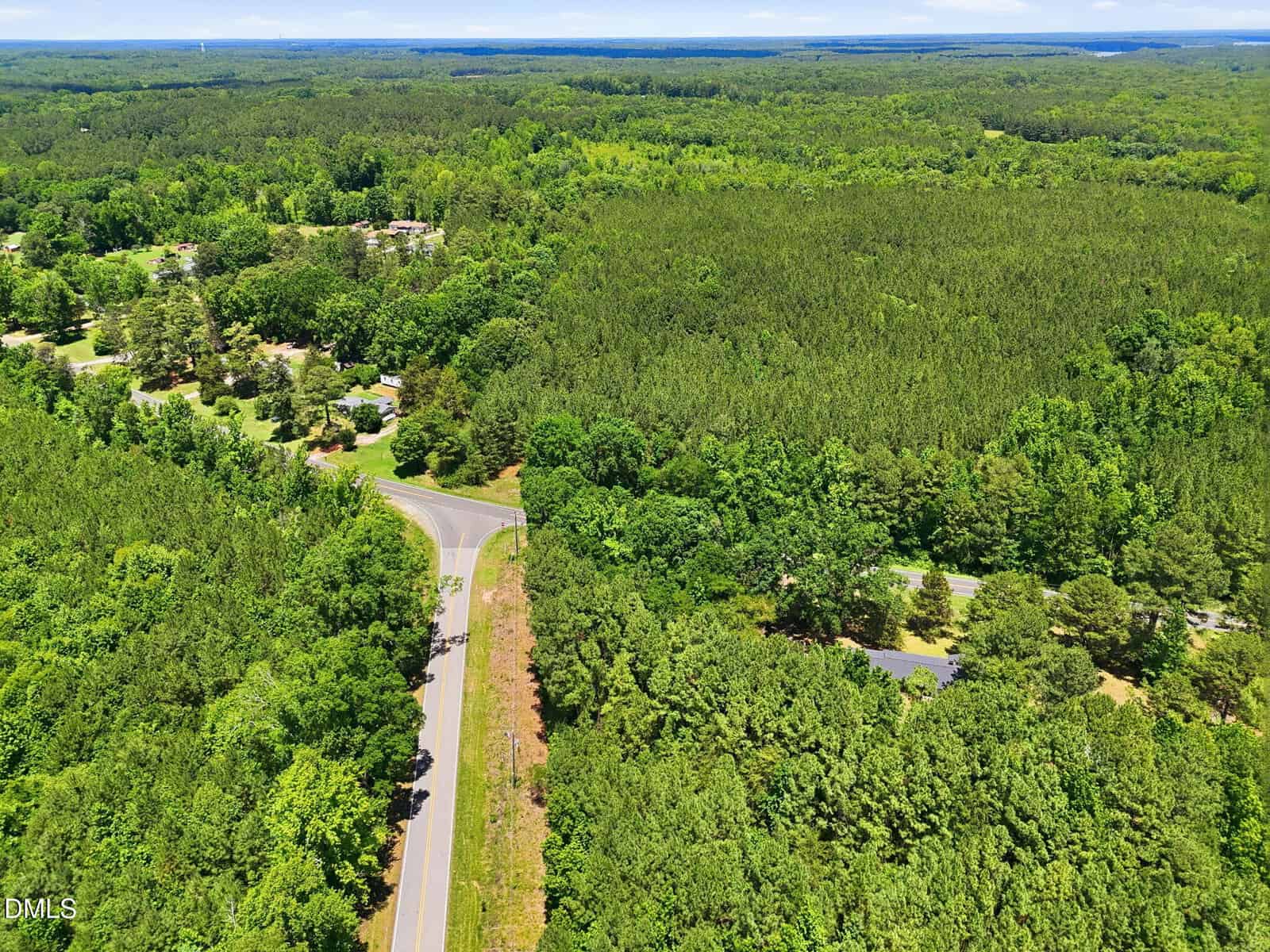 Aerial view of a winding road cutting through a dense, green forest with scattered houses nestled among the trees and a vast expanse of wooded land stretching to the horizon under a clear sky.