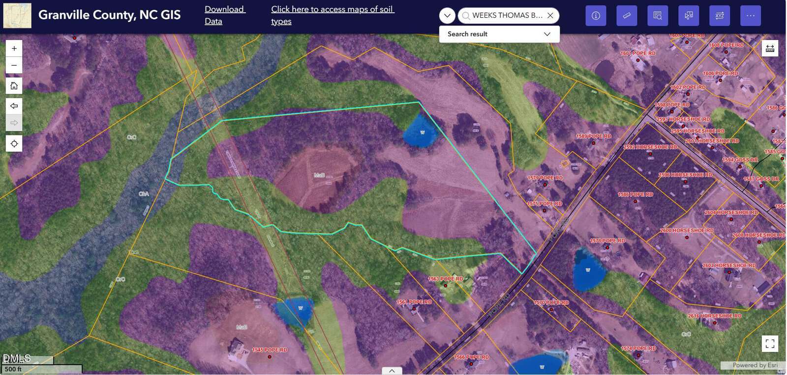 A digital map from the Granville County, NC GIS shows property boundaries, parcels, ponds, a river, and roads. One property is outlined in light blue. Residential areas with labeled parcels are on the right side of the image.