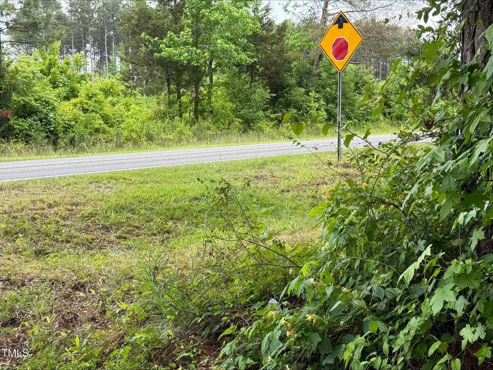 A stop sign warning sign is posted beside a rural road, surrounded by green trees, bushes, and grass. The area appears quiet and natural.