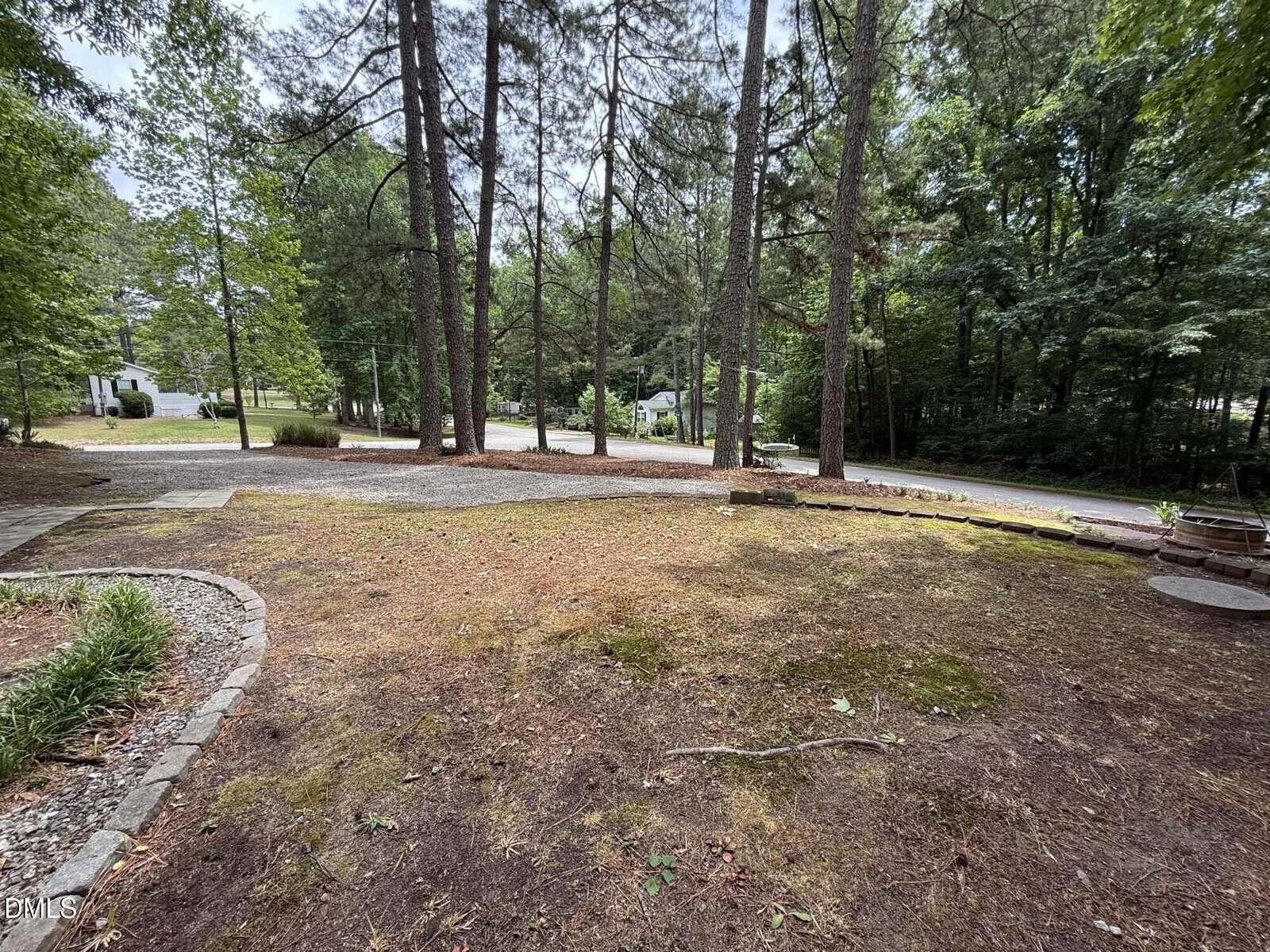 A spacious yard with patchy grass, tall pine trees, a gravel driveway, and a quiet street in a wooded suburban neighborhood.