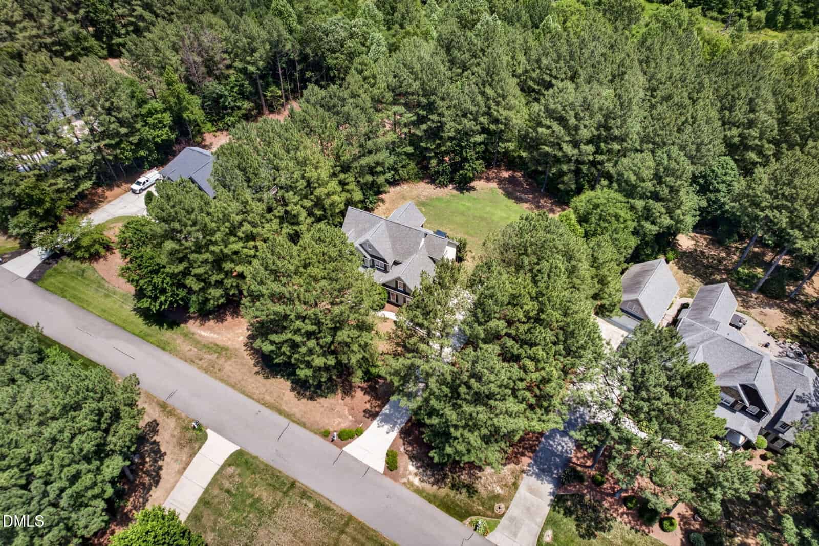 Aerial view of three houses on a tree-lined street with driveways, surrounded by dense green pine trees and lawns. The road runs horizontally in the lower third of the image.