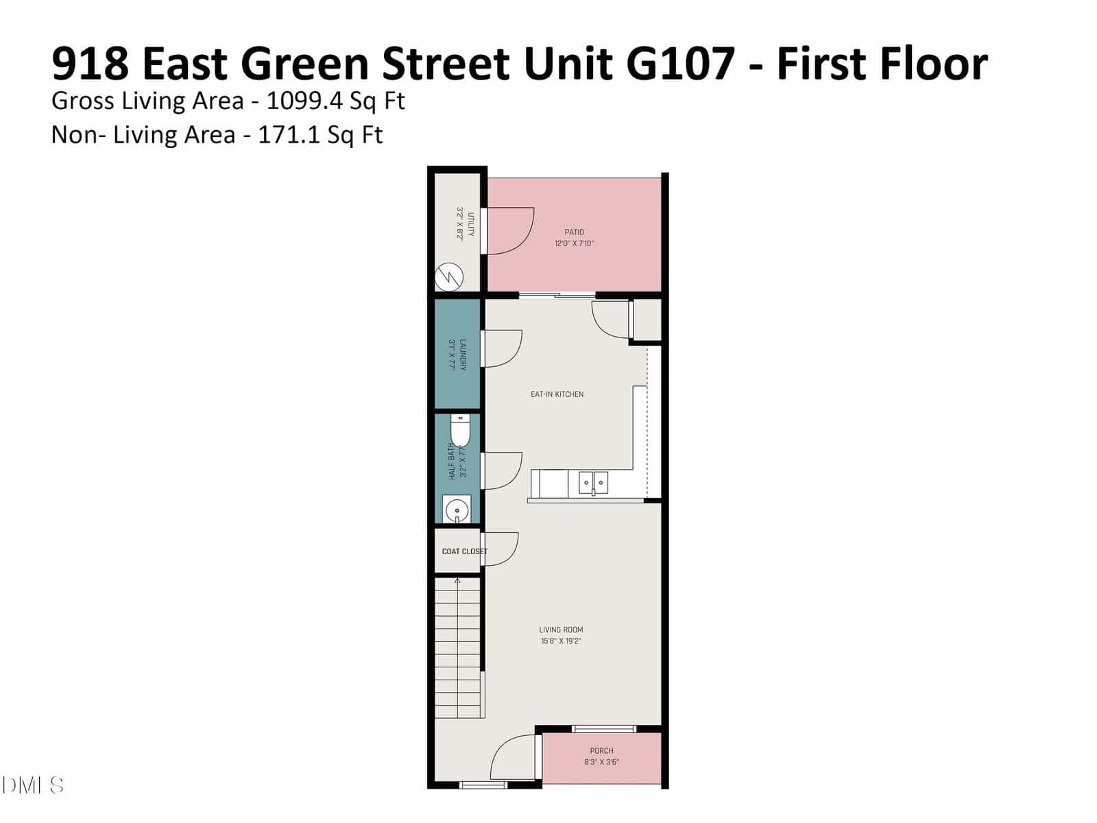 Floor plan of 918 East Green Street Unit G107 first floor, showing a foyer, dining/kitchen/living area, bathroom, den/office, and deck, with labeled gross and non-living area square footage.