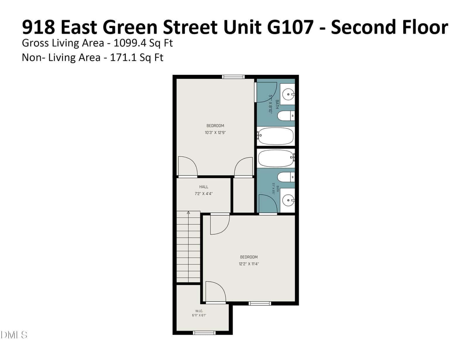Floor plan of the second floor for 918 East Green Street Unit G107, showing two bedrooms, a hall, two bathrooms, and a stairway. Living area is 1099.4 sq ft and non-living area is 171.1 sq ft.