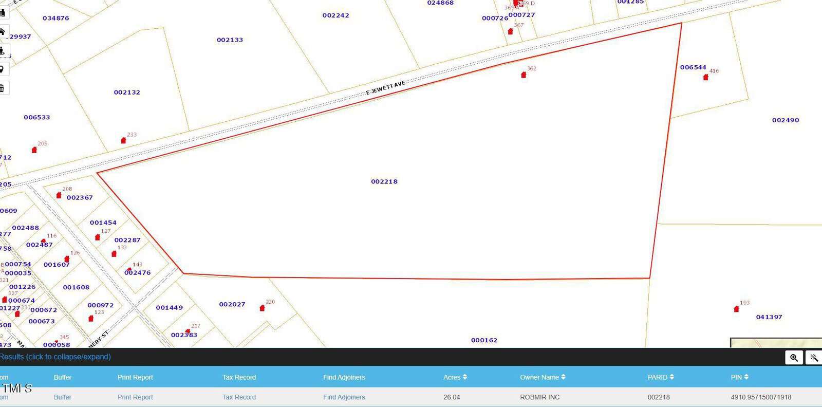 A digital property map showing a large outlined parcel labeled 002218, bordered by several smaller parcels and E. Bethany Road, with parcel numbers and data displayed at the bottom.