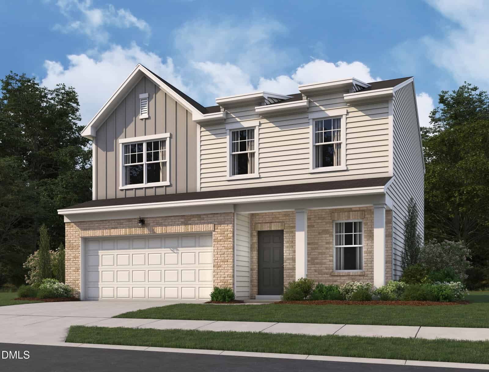 Two-story modern suburban house at 29 Rolling Star Court, Louisburg, with a brick and siding exterior, attached two-car garage, front porch with columns, manicured lawn, and a backdrop of trees under a partly cloudy sky.