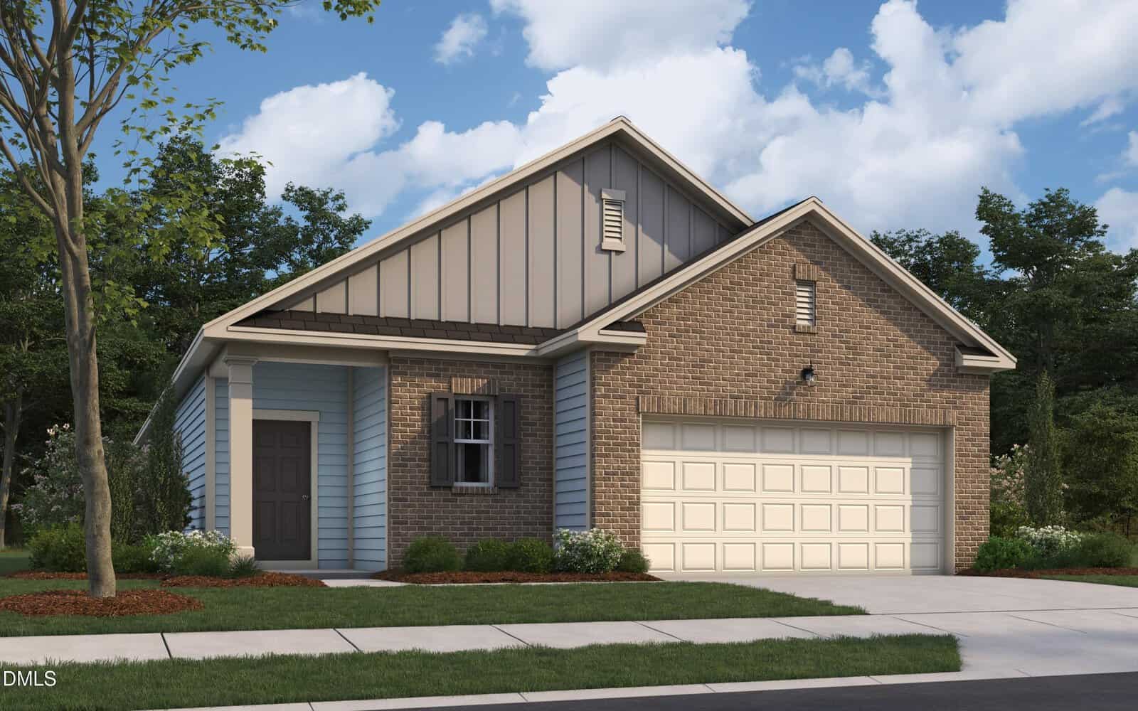 Nestled at 218 Blue Sky Lane in Louisburg, this single-story suburban house features a brick and siding exterior, a two-car garage, and a charming front yard with grass and shrubs, all set against a backdrop of trees and a partly cloudy sky.