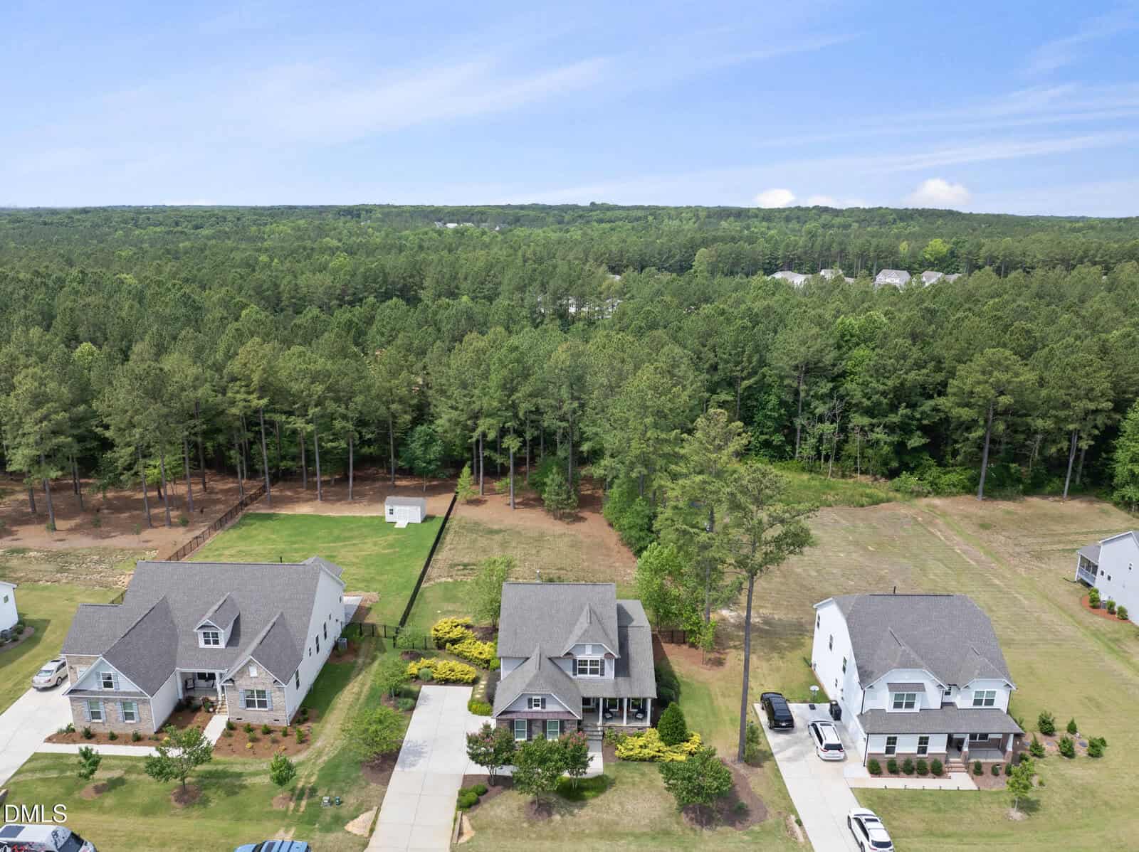 Aerial view of three suburban houses with driveways and green lawns, bordered by a dense forest and open fields under a blue sky.