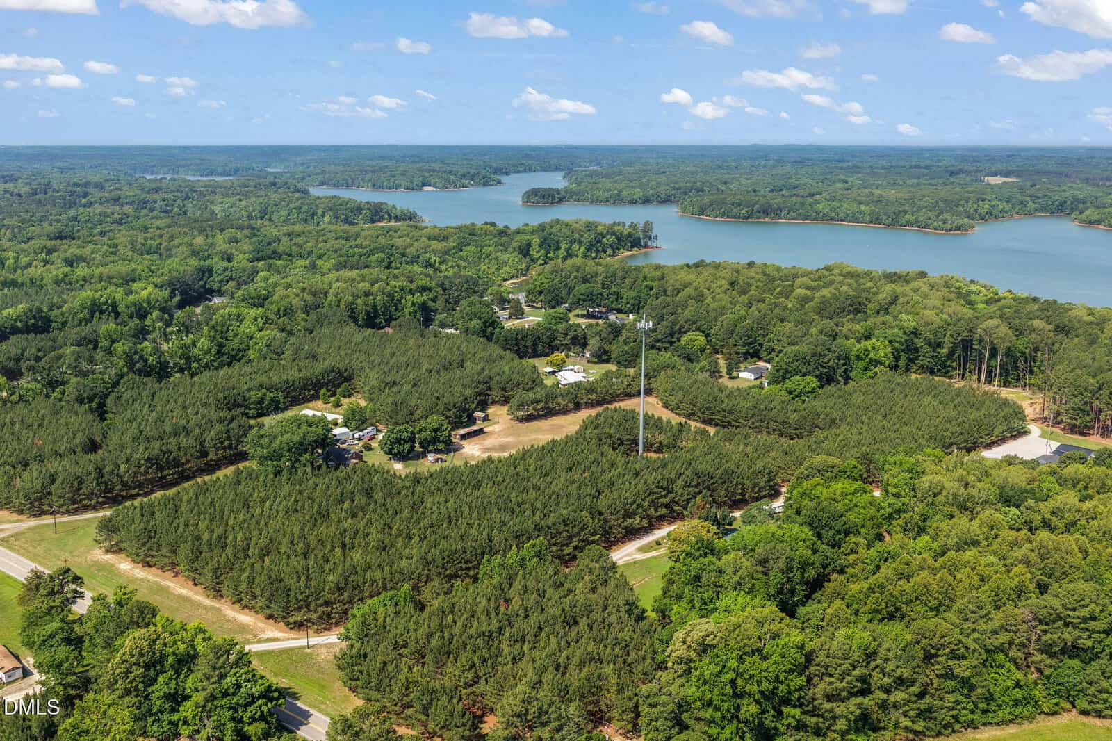 Aerial view of a scenic, tree-covered landscape with dense forest, scattered homes, a tall communication tower, and a large lake in the background under a partly cloudy sky.