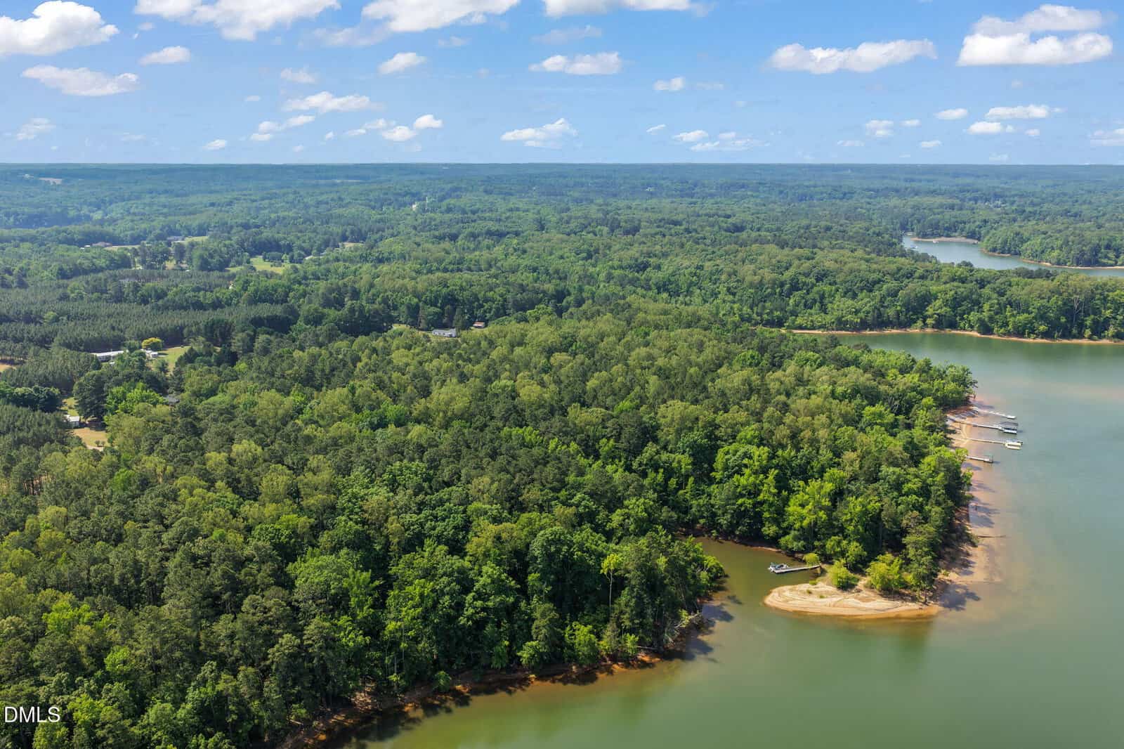 Aerial view of a forested lakeshore with dense green trees, calm water, and a sandy area near the shoreline. Boats are visible docked along the edge, under a partly cloudy sky.