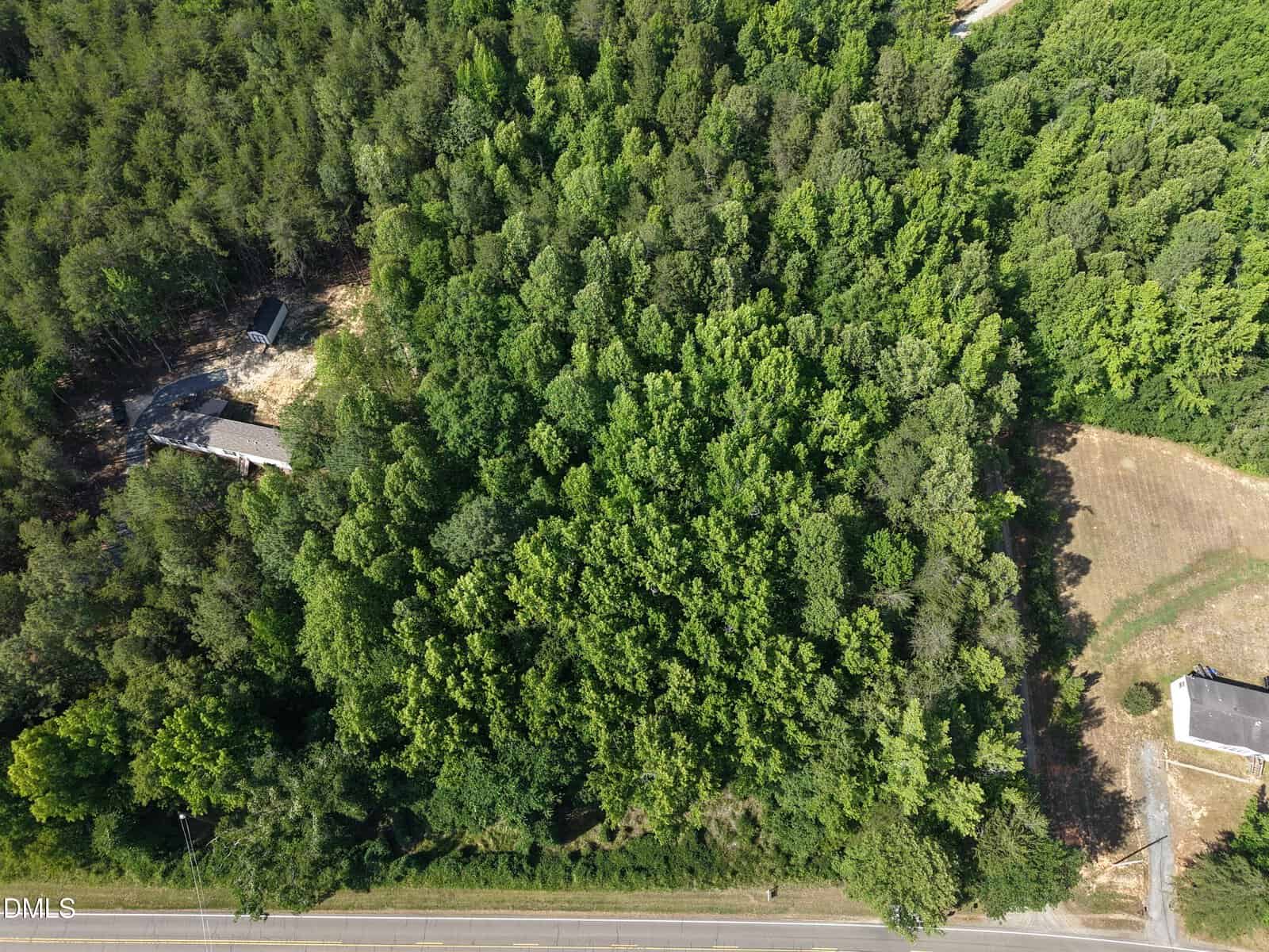 Aerial view of a dense, forested area in Rougemont, bordered by a road at the bottom near 1401 Black Farm Road. Two buildings are partially visible on the left and right edges, while trees cover most of the central area.