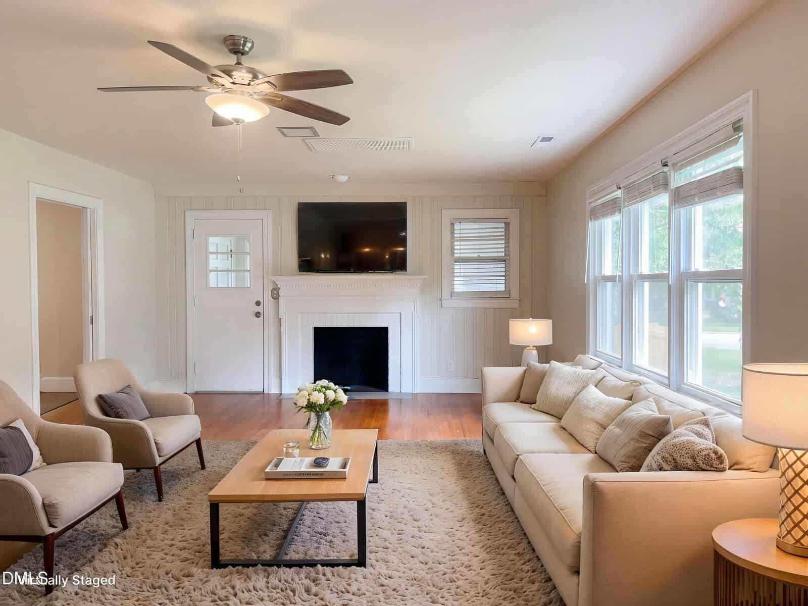 A bright living room with a beige sofa, two armchairs, a wooden coffee table with flowers, a fireplace with a TV above it, and large windows letting in natural light. A ceiling fan hangs from the white ceiling.