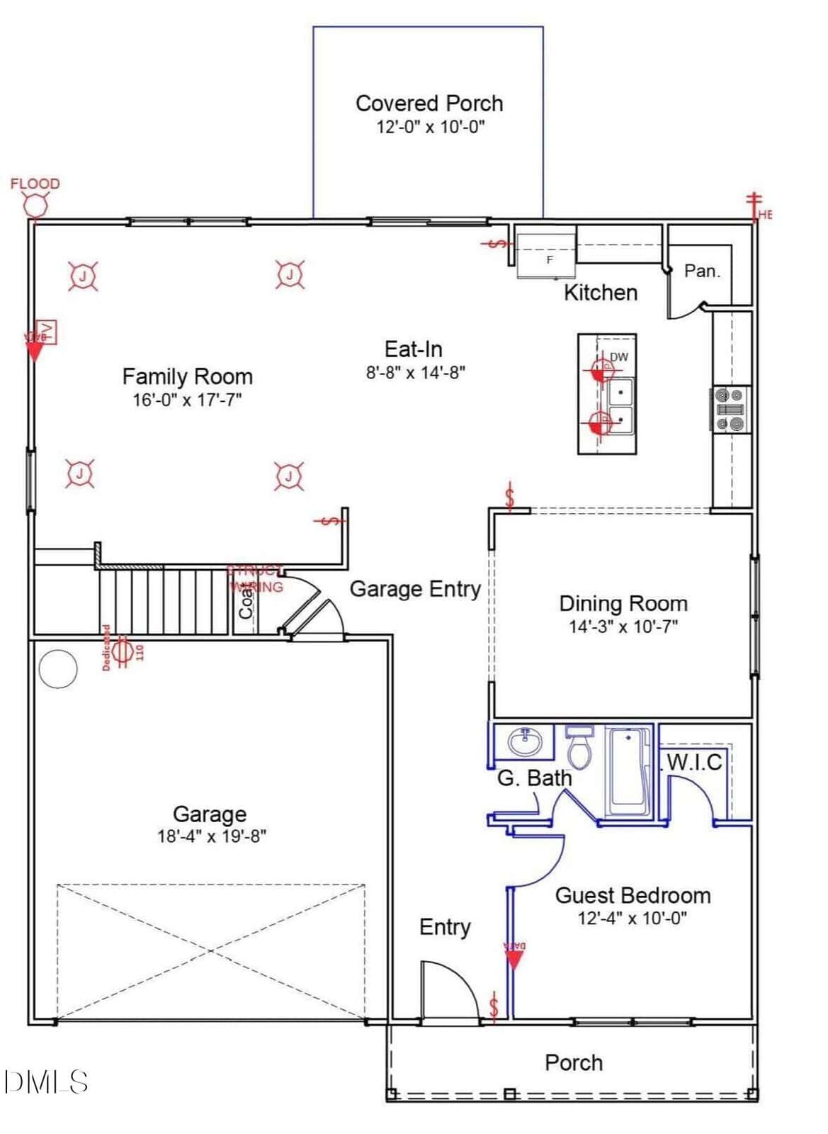 Floor plan of a house's first level showing a garage, family room, eat-in kitchen, dining room, guest bedroom, guest bath, walk-in closet, pantry, garage entry, entryway, and covered porch.