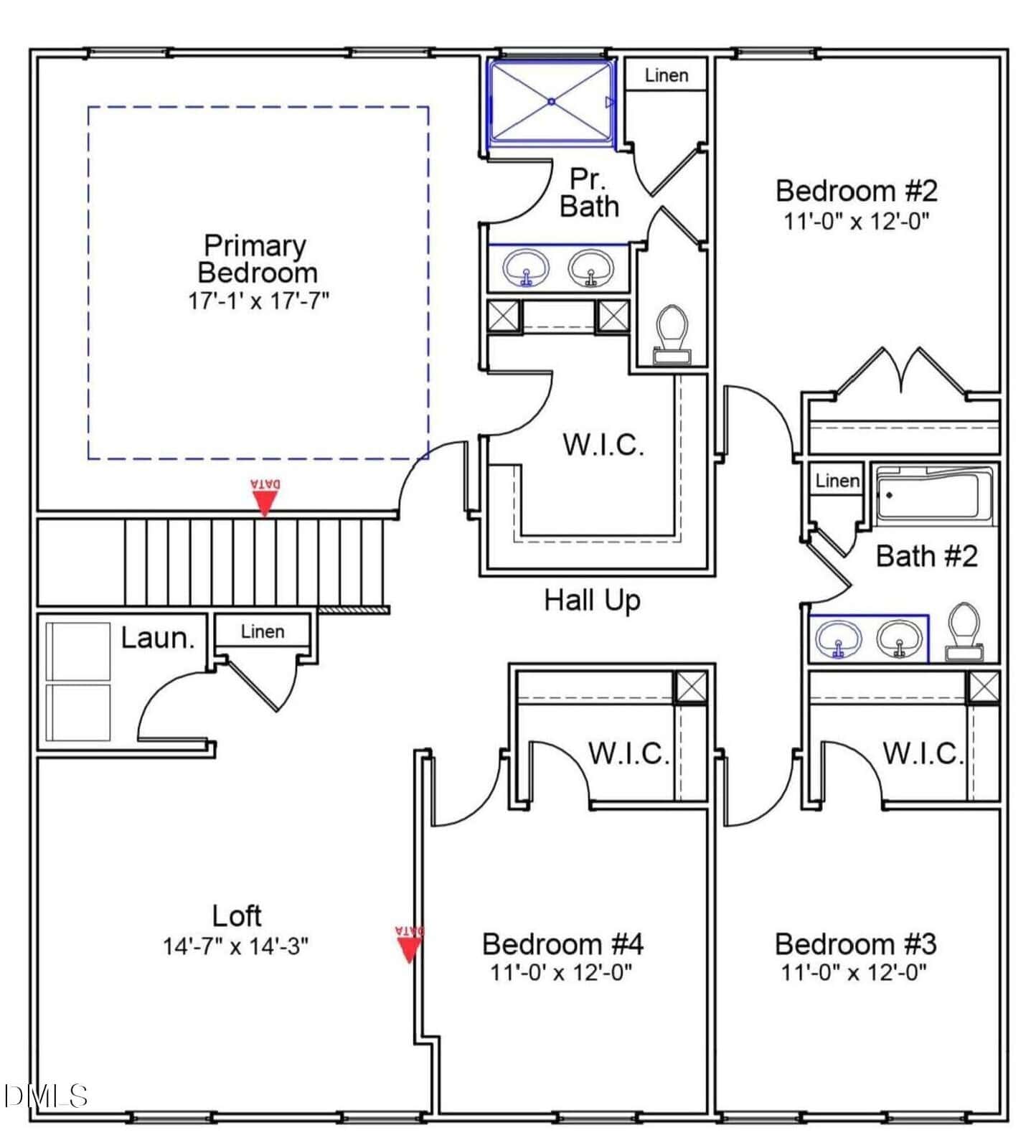 Second floor home layout with four bedrooms, including a primary bedroom, loft, laundry room, two bathrooms, closets, linen storage, and hallways connecting all rooms.