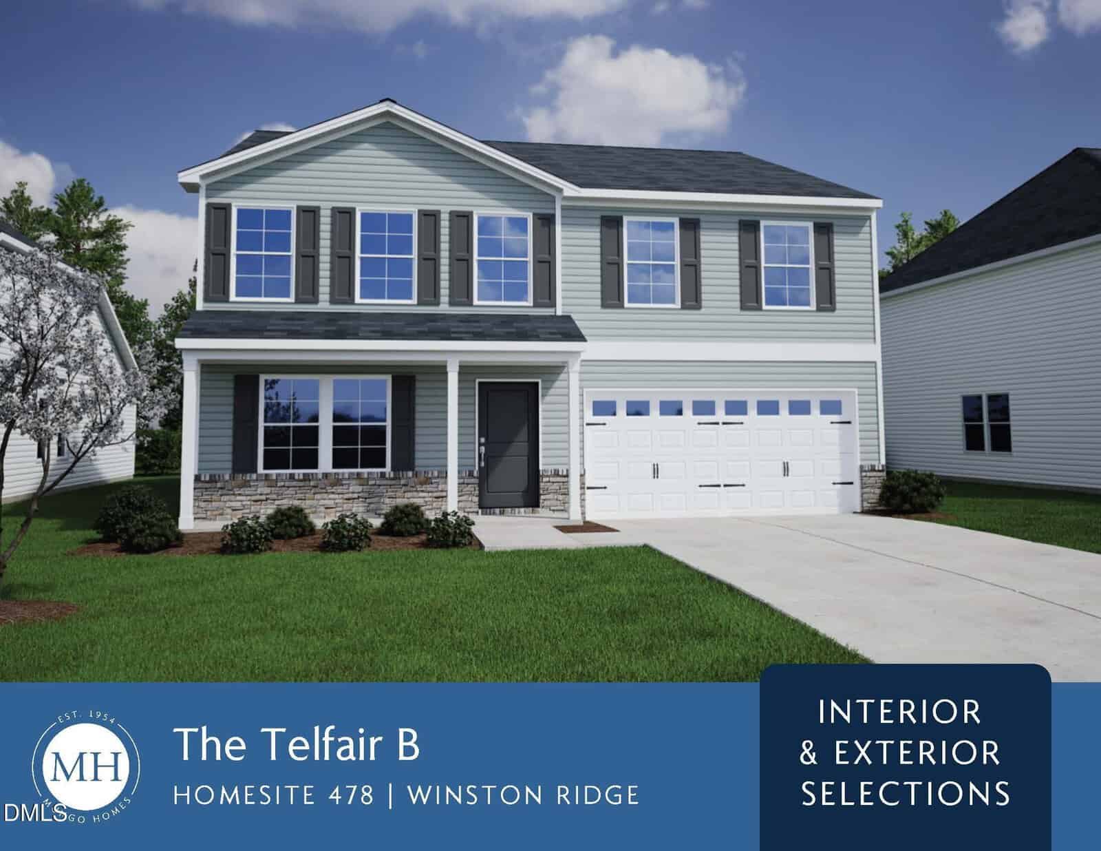 Two-story gray house with white trim, black shutters, and a two-car garage. The front yard has green grass and a small tree. Clear blue sky. Banner at the bottom displays home model and selection information.
