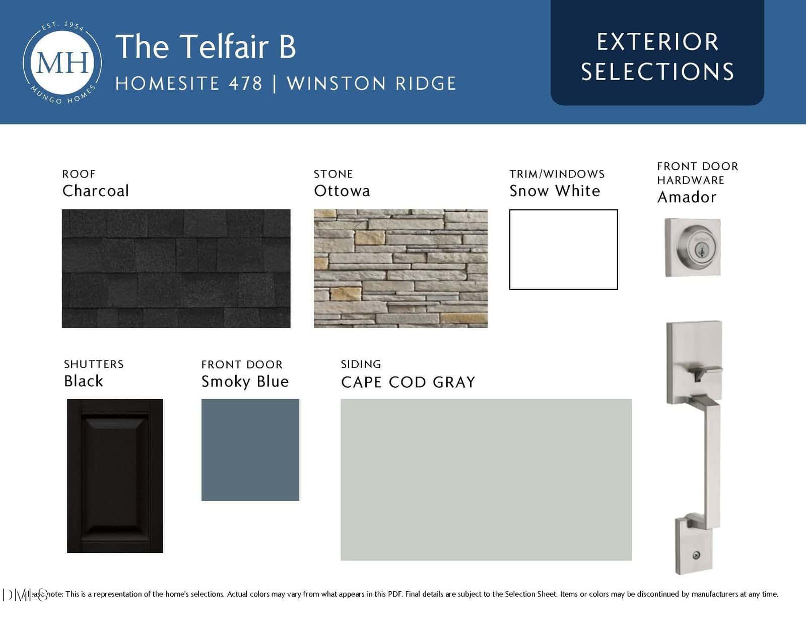 Exterior selections board for The Telfair B at Winston Ridge, showing roof in Charcoal, stone in Ottawa, shutters in Black, siding in Cape Cod Gray, trim/windows in Snow White, and front door in Smoky Blue with Amador hardware.