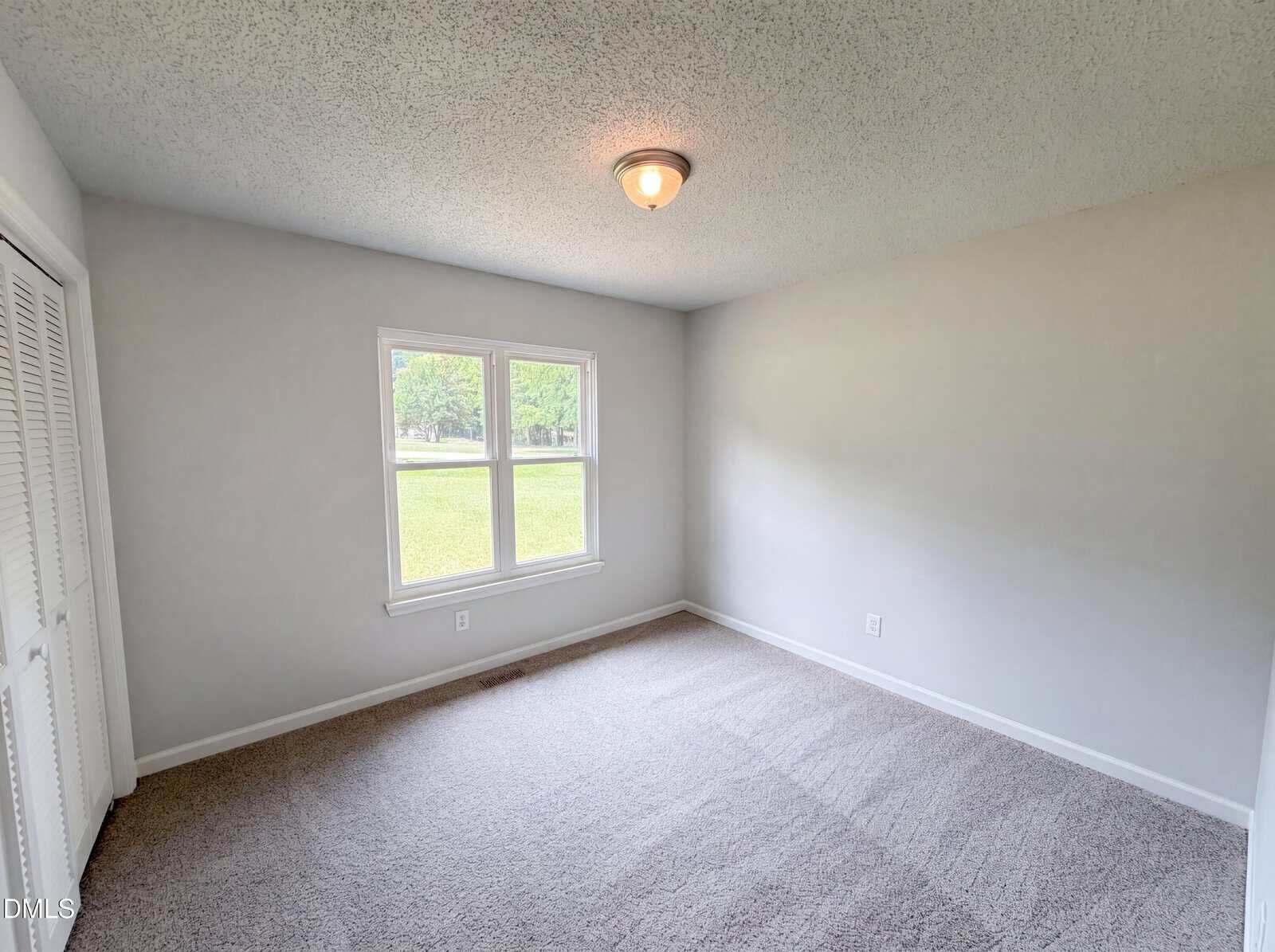 A small empty bedroom with light gray walls, beige carpet, a ceiling light fixture, a double window showing green grass and trees outside, and a white closet door on the left.