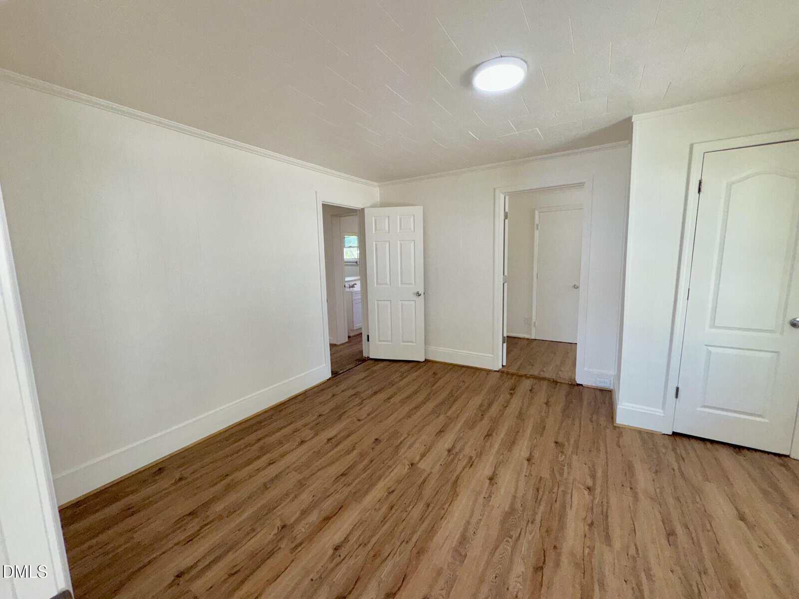 Empty room with light-colored walls, wood-patterned flooring, two closed white doors, and one open doorway revealing another room with natural light. Ceiling light fixture is on.