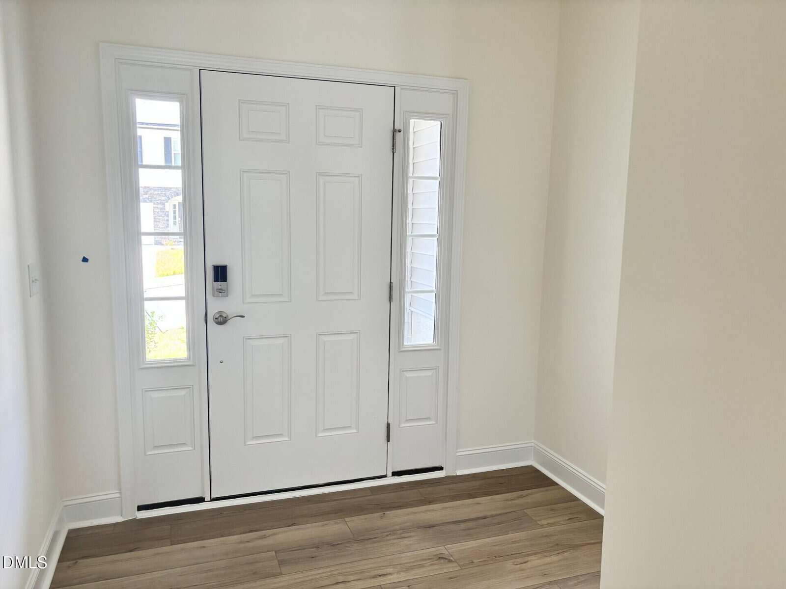 A white front door with rectangular panels is flanked by two tall, narrow windows. The entryway has light-colored walls and wood-style flooring. Natural light comes through the glass sections.