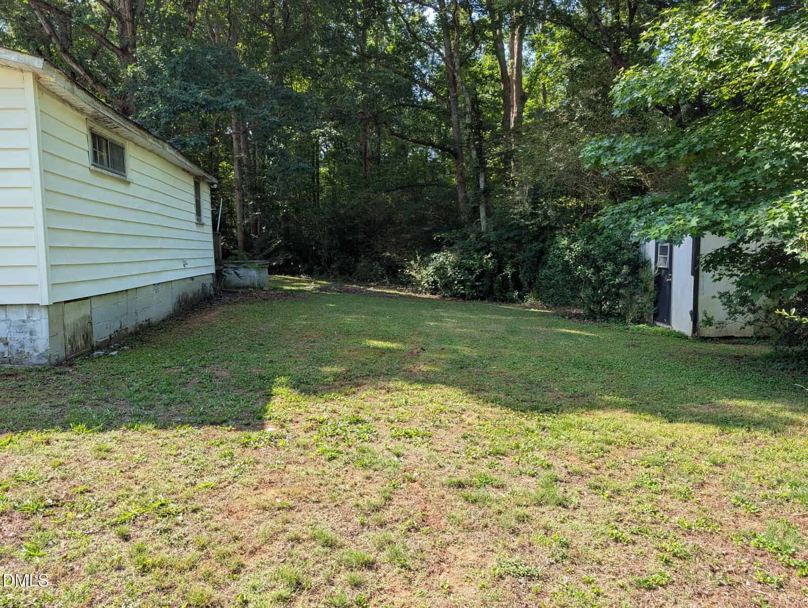 A grassy backyard with a yellow house on the left, trees and bushes in the background, and a small white shed with a dark door on the right. Sunlight casts shadows across the lawn.