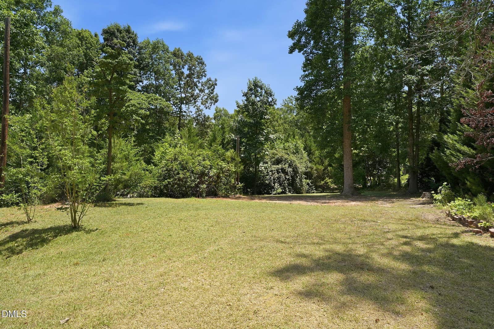 A grassy backyard at 126 Wanna Drive in Louisburg, bordered by tall green trees and shrubs under a clear blue sky, with sunlight casting shadows across the lawn.