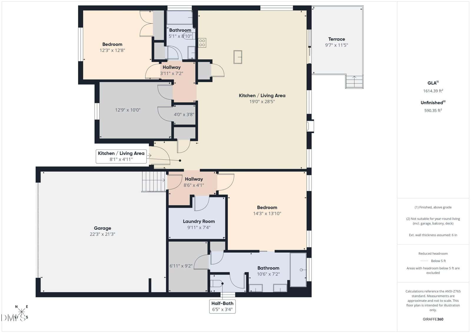 A floor plan shows a single-story home with two bedrooms, two bathrooms, a kitchen/living area, laundry room, half bath, hallway, garage, and a terrace. Room dimensions are labeled throughout the layout.