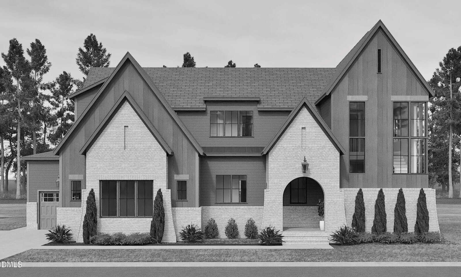 A modern two-story house at 30 Hillendale Court in Youngsville, featuring brick and vertical siding, large windows, an arched front porch, and landscaping with bushes and shrubs. Tall trees create a scenic backdrop.