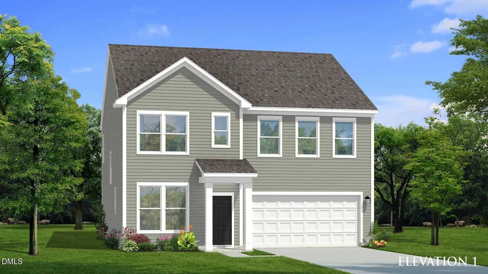 Located at 120 Thompson Pond Road in Franklinton, this two-story suburban house features gray siding, white trim, a dark shingle roof, black front door, and a white double garage surrounded by lush grass and trees under a clear blue sky.