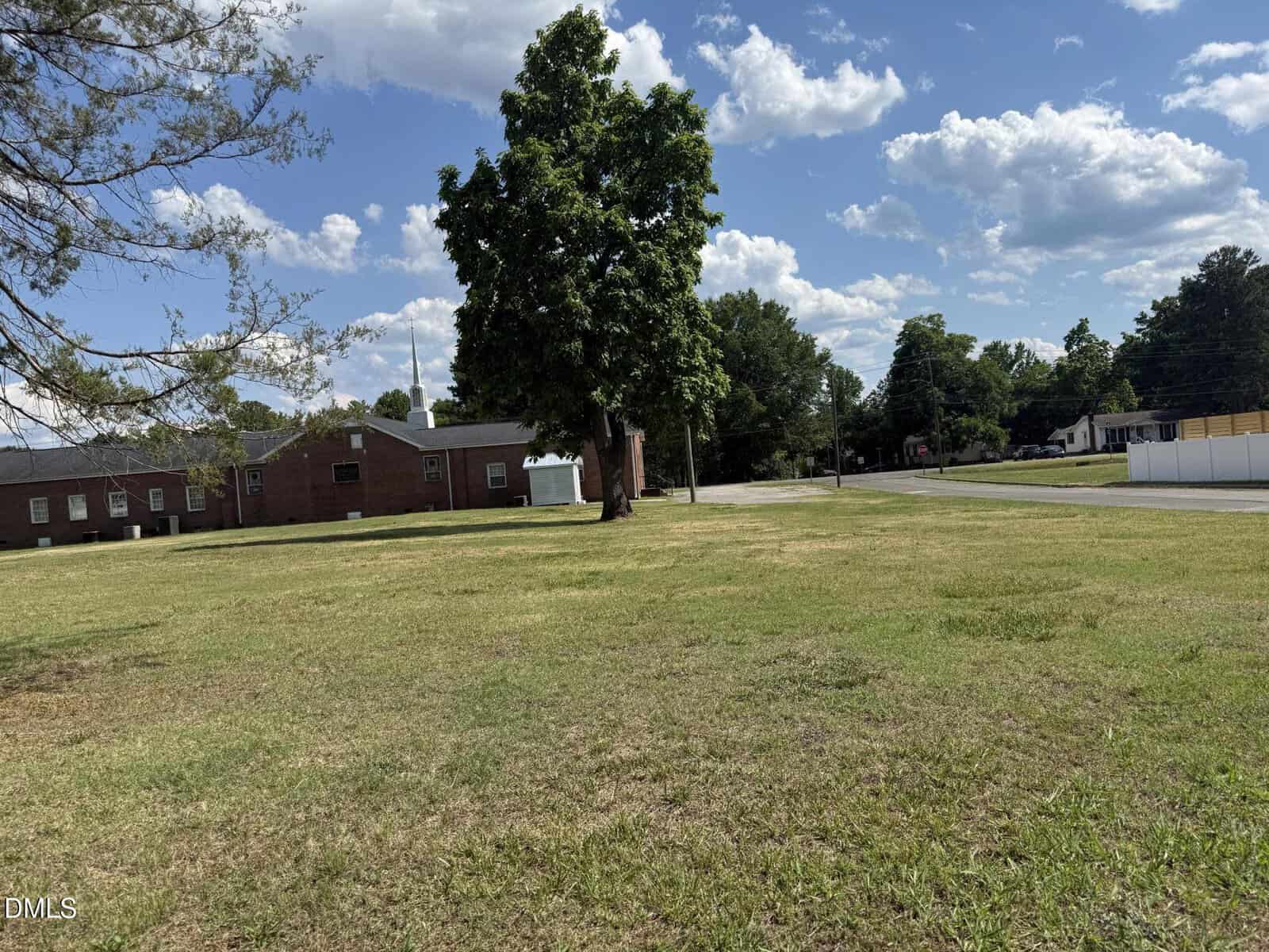 A grassy vacant lot with a large tree in the center, bordered by a brick building on the left and a road on the right, under a partly cloudy sky.