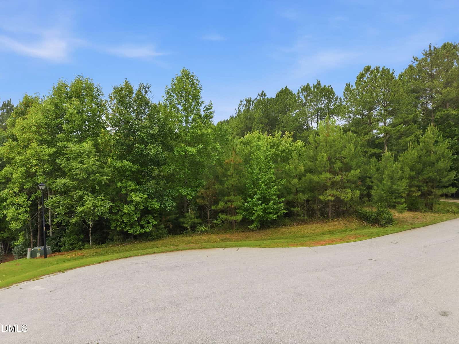 A quiet cul-de-sac with a curved, empty asphalt road, bordered by a grassy edge and dense green trees under a clear blue sky.