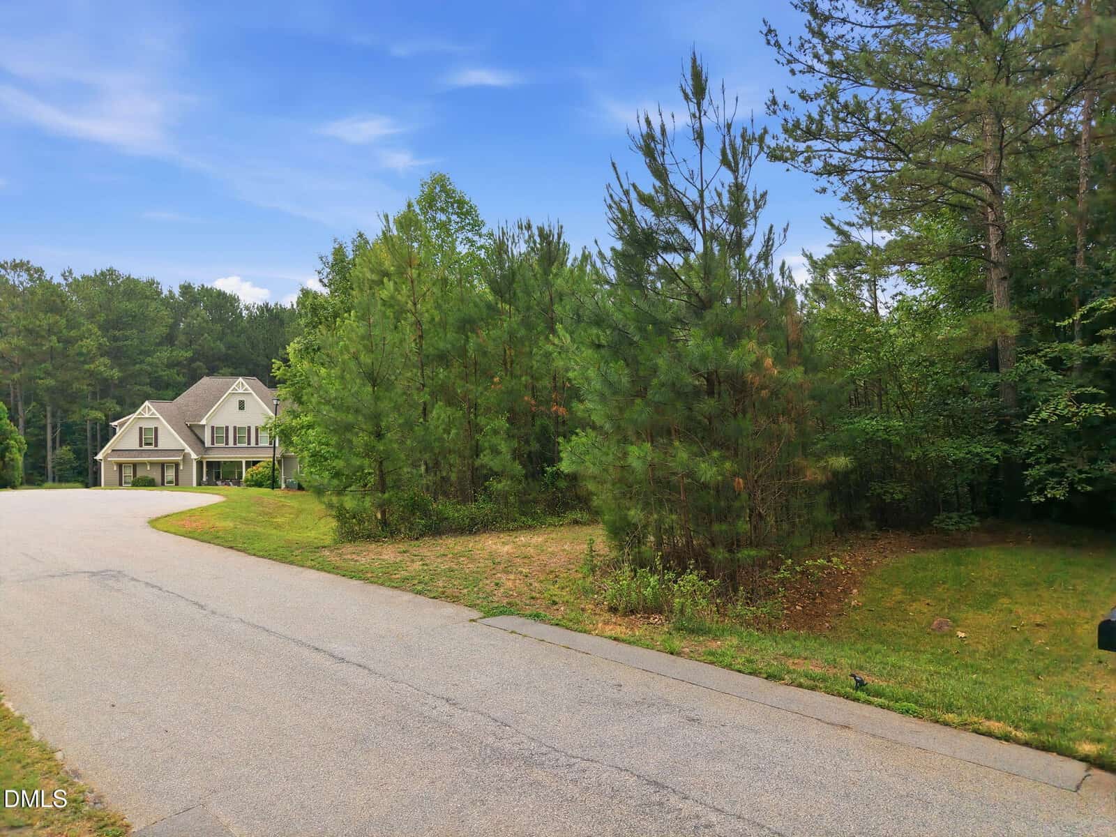 A two-story house with a porch and garage is set back from a quiet, curved street lined with trees and greenery under a bright blue sky with light clouds. Dense woods occupy the area to the right of the house.