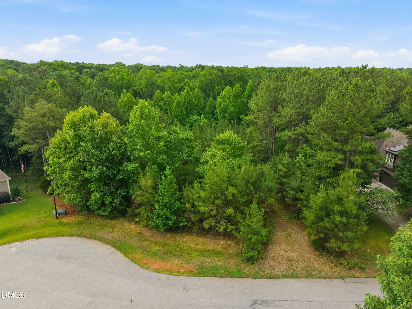 A cul-de-sac ends at a densely wooded area with tall green trees and a grassy patch between two houses under a bright blue sky with scattered clouds.