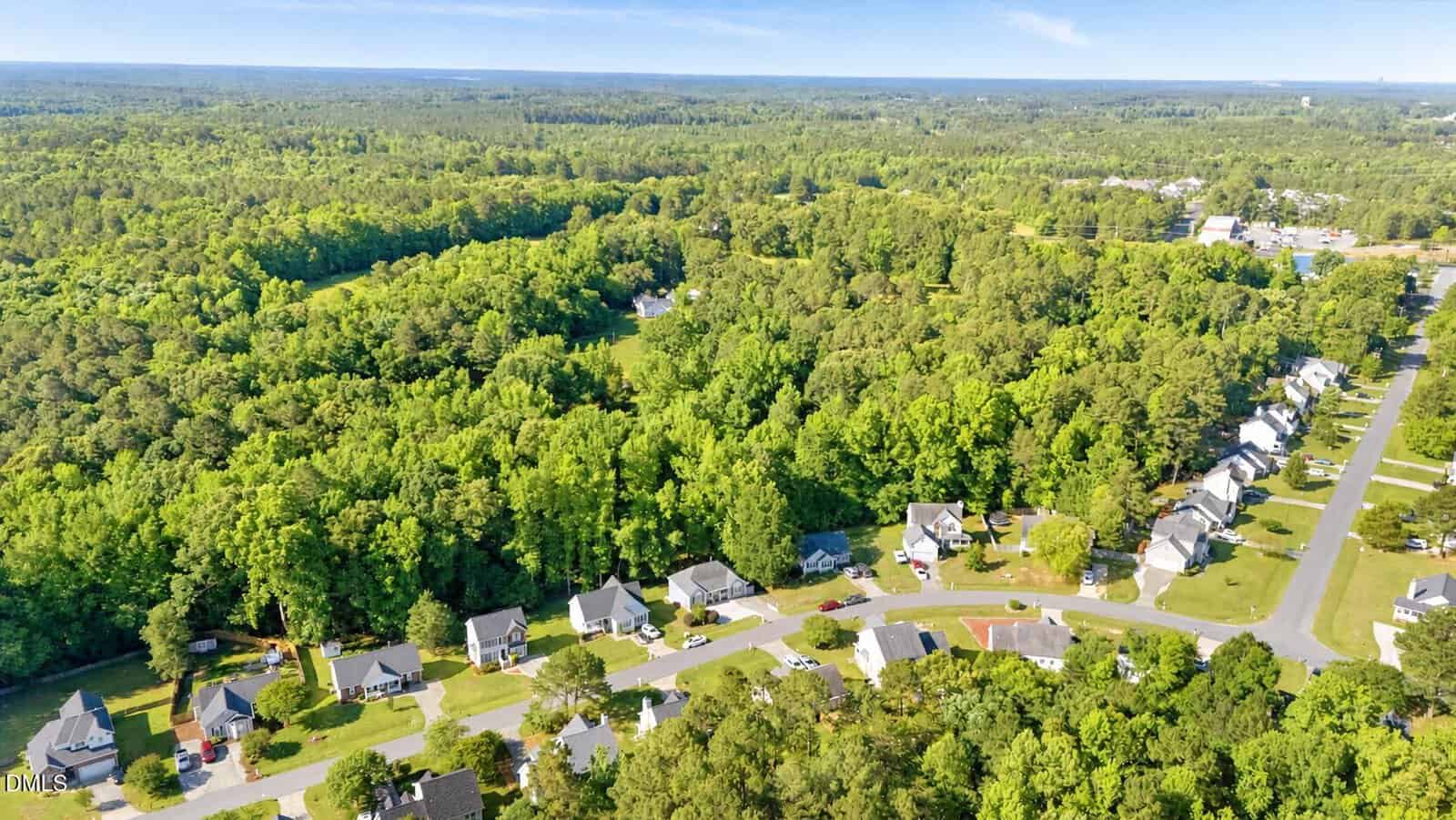 Aerial view of a suburban neighborhood with houses along tree-lined streets, bordered by a dense forest and greenery under a clear blue sky.