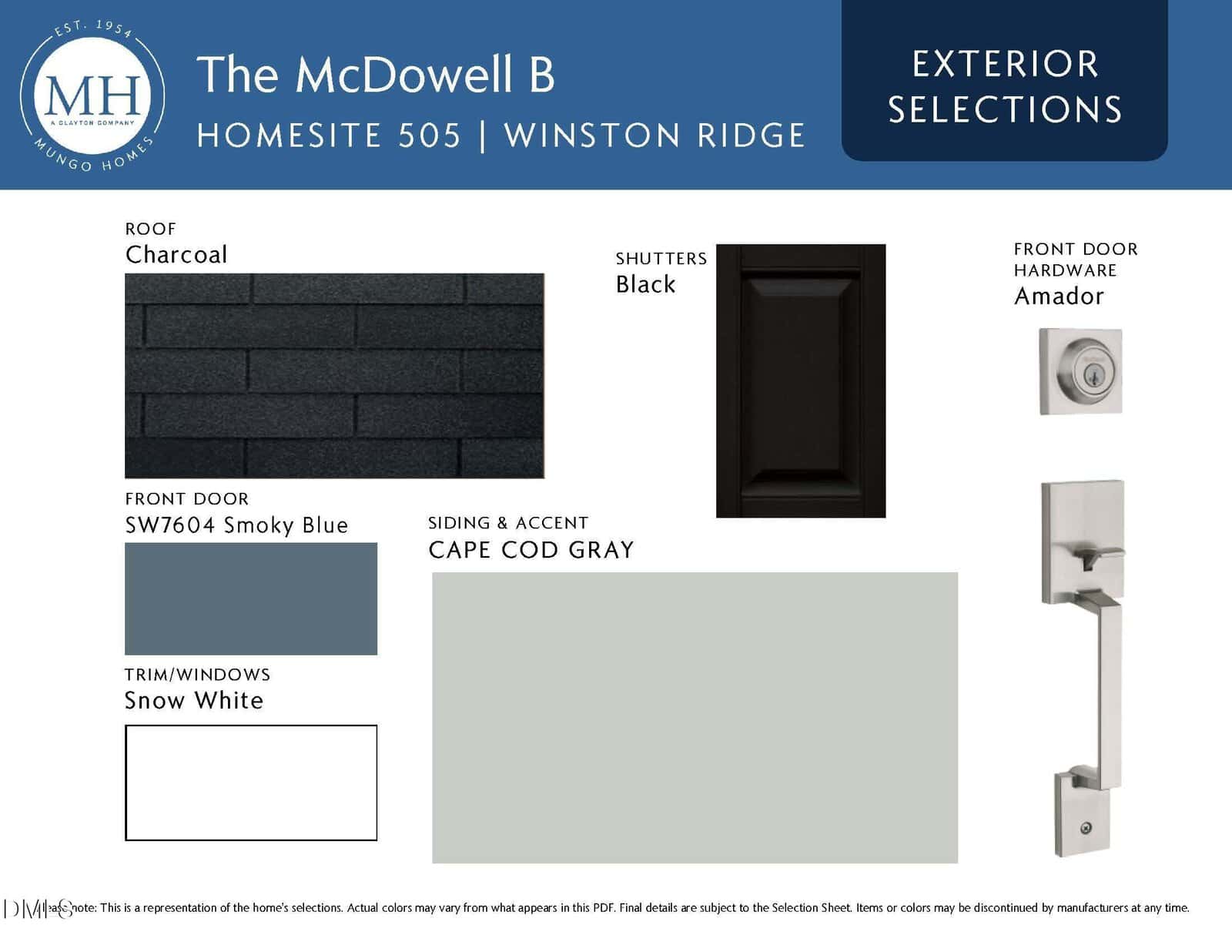 Exterior selections board for The McDowell B home, showing charcoal brick, black shutters, Smoky Blue front door, Amador hardware, Cape Cod Gray siding/accents, and Snow White trim/windows.