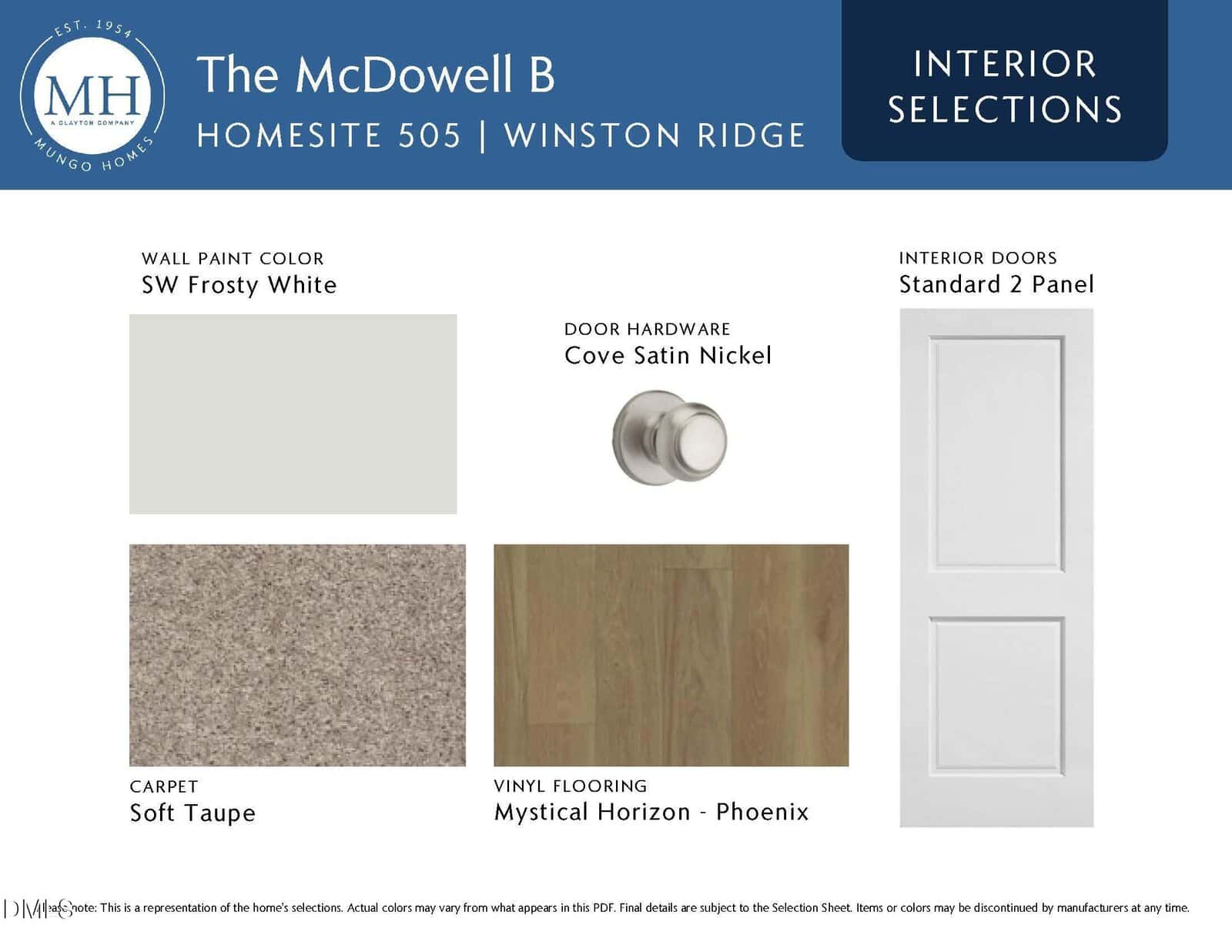 Interior selections for The McDowell B: white paint, satin nickel door hardware, 2-panel white doors, soft taupe carpet, and light wood-look vinyl flooring called Mystical Horizon - Phoenix.