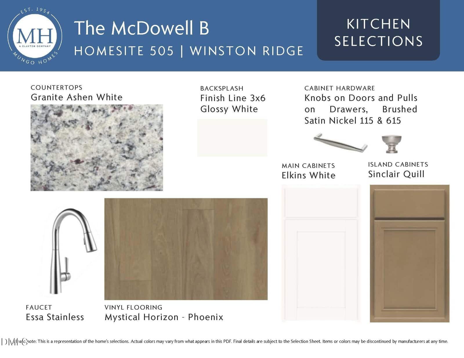 Kitchen selections board showing countertop granite, backsplash tile, stainless faucet, cabinet hardware, and two cabinetry finishes (Elkins White and Sinclair Quill), along with light wood vinyl flooring sample.