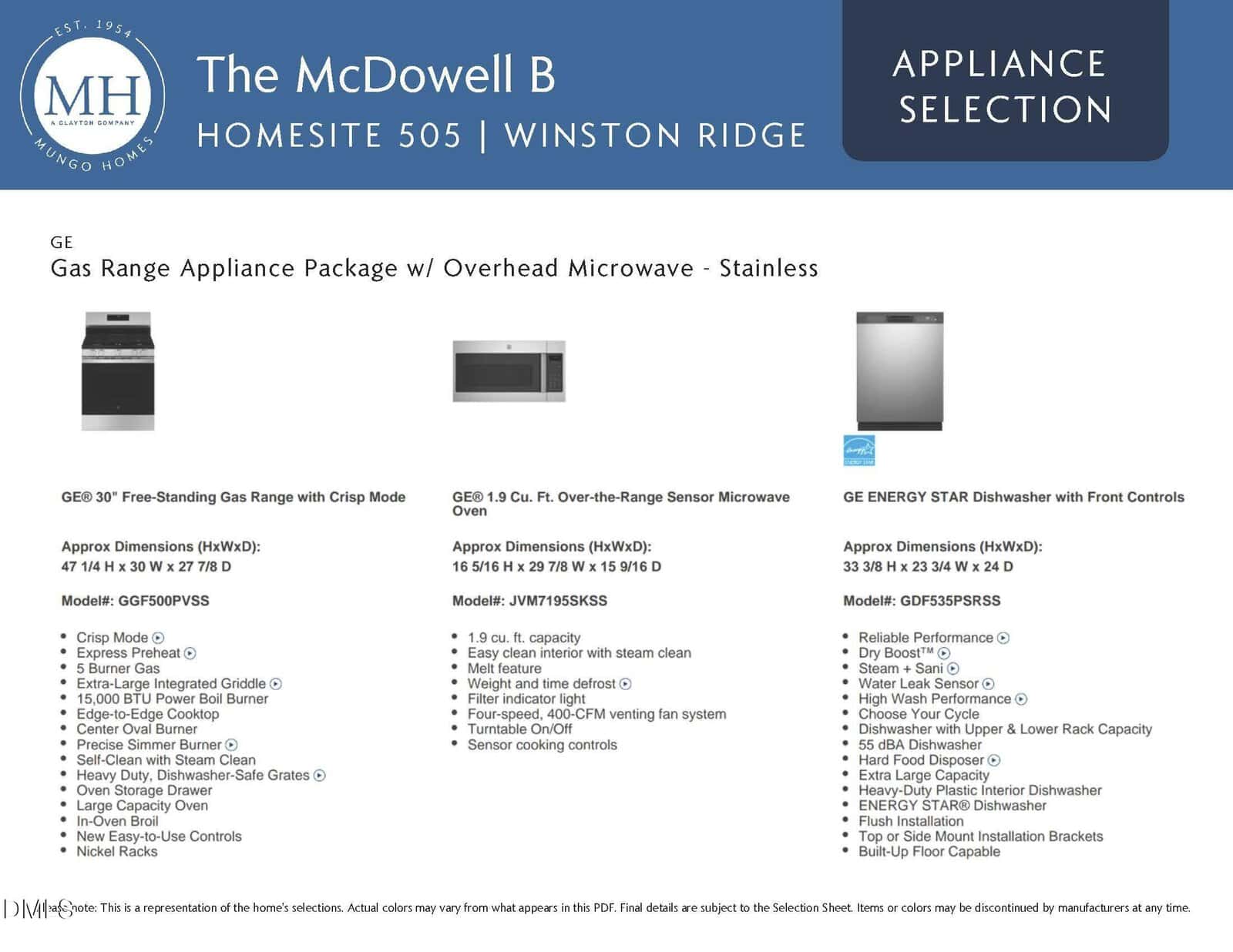 Appliance selection sheet for The McDowell B home. Lists descriptions and specs for GE gas range, over-the-range microwave, and ENERGY STAR dishwasher, with small images of each appliance shown.
