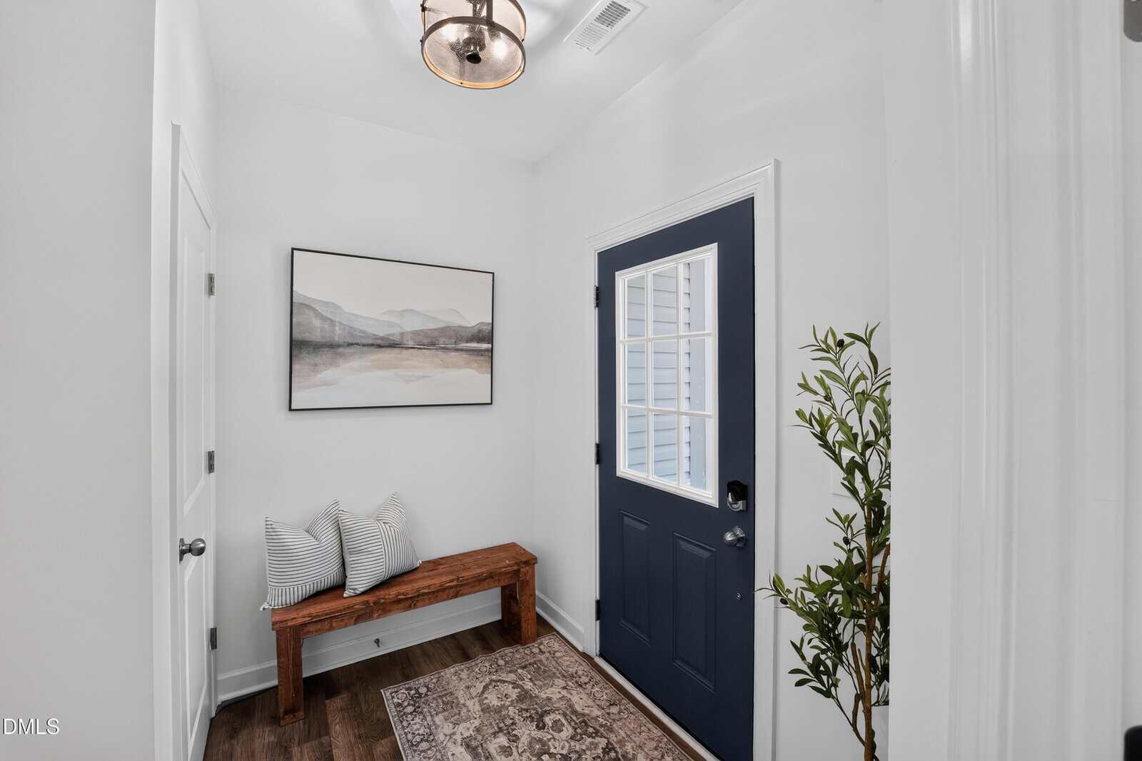 A small, bright entryway with a blue door, a wooden bench with striped pillows, a potted plant, a patterned rug, and a wall-mounted landscape painting.