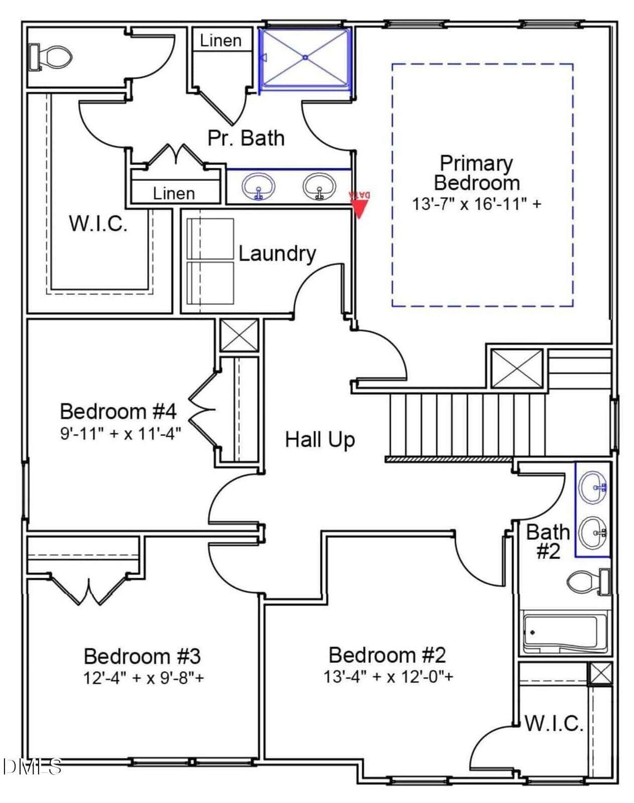 Floor plan showing four bedrooms, two bathrooms, a laundry room, linen closets, and a walk-in closet. The primary bedroom is large with an attached bath and W.I.C. A hall and central stairs connect the rooms.